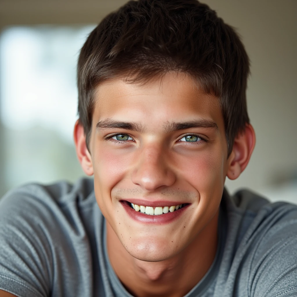 (danny, handsome male 20 yo, slim athletic) looking at viewer, smile, teeth, casual clothes, portrait, close up view