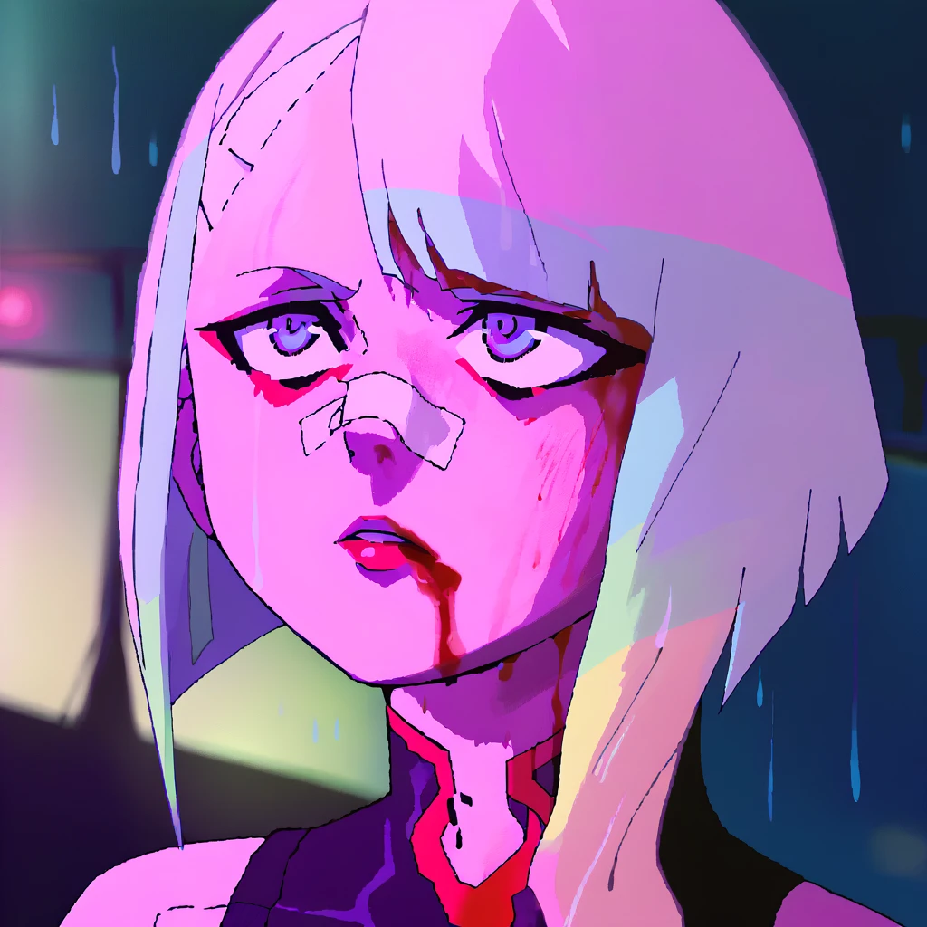 score_9, score_8_up, score_7_up, BREAK 
1girl, lucy, short hair, bangs, red eyeliner, bare shoulders, black bodysuit, 
portrait, blood on face, bandaid on nose,blurry background, pink lighting, night, dark, pink theme, rain <lora:LucynaXLv2_byKonan:1> <lora:YouLookLonelyXL_byKonan:1>   <lora:OekakiXLLocon_byKonan:1.2>