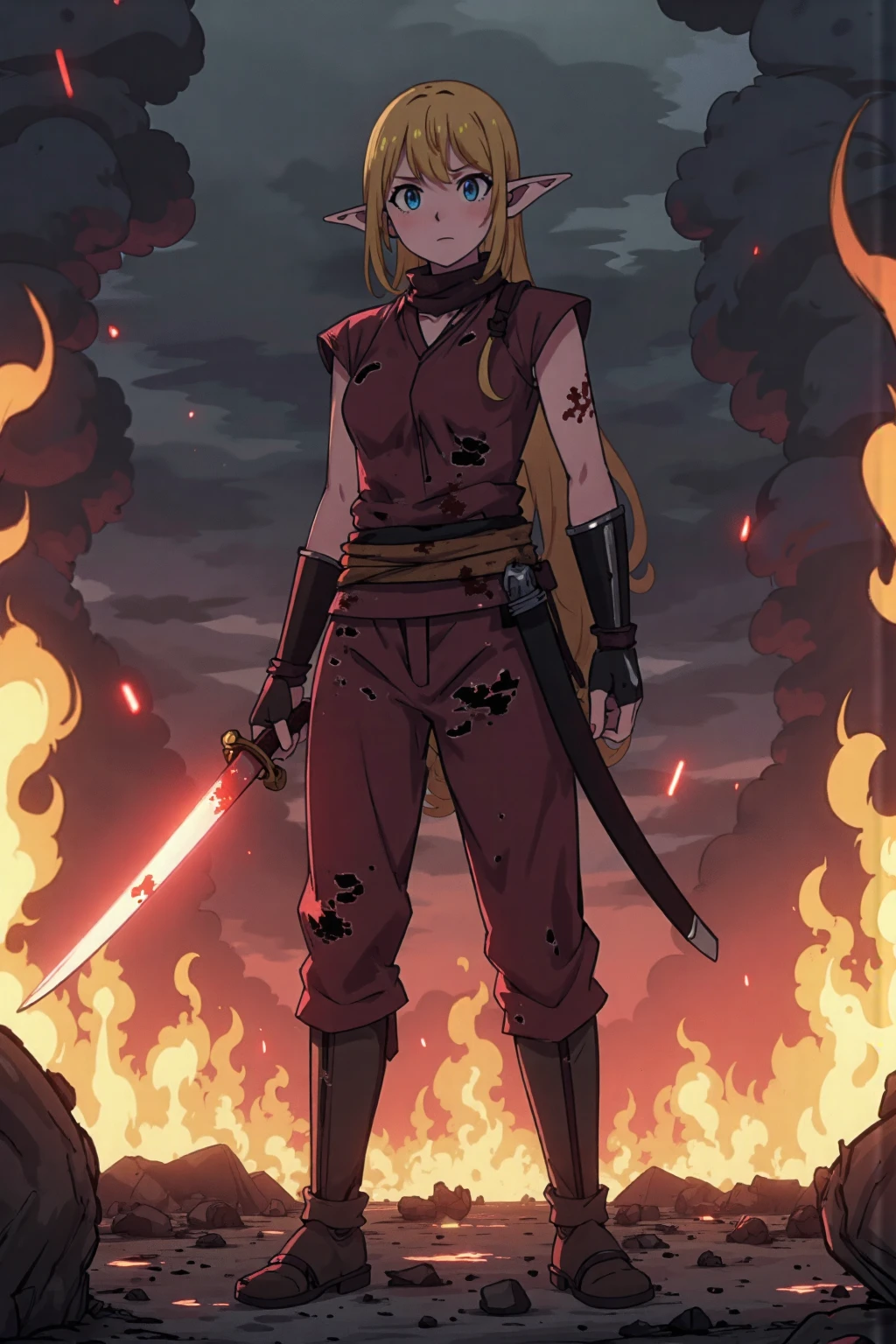 Cowboy shot, break ,Tuka_Luna ,woman ,blonde hair, solo, blue eyes, long hair, pointy ears, elf, Break, A modern warrior stands amid intense flames, wielding a samurai sword that glows with an intense light. Her traditional Japanese uniform is stained and worn, reflecting the chaos of the world around her. The setting is a post-apocalyptic landscape, with a dark and stormy sky, illuminated by flashes of reddish light. The atmosphere is somber and dramatic, with a strong contrast of light and shadow that enhances the warrior's determination and strength.