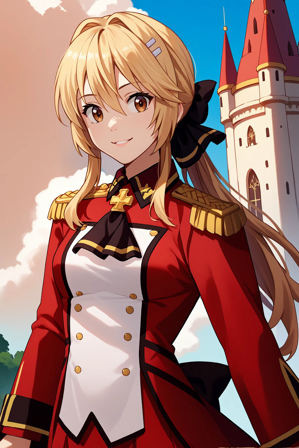 score_9, score_8_up, score_7_up, score_6_up, source_anime, 1girl, solo,   <lora:lisciaelfrieden-pdxl-nvwls-v1-000005:1> liscia, blonde hair, low ponytail, brown eyes, hairclip, hair bow, black ascot, red coat, epaulettes, long sleeves, military uniform, red skirt, white pants, blue sky, clouds, looking at you, breasts, upper body, looking at you, smile, castle