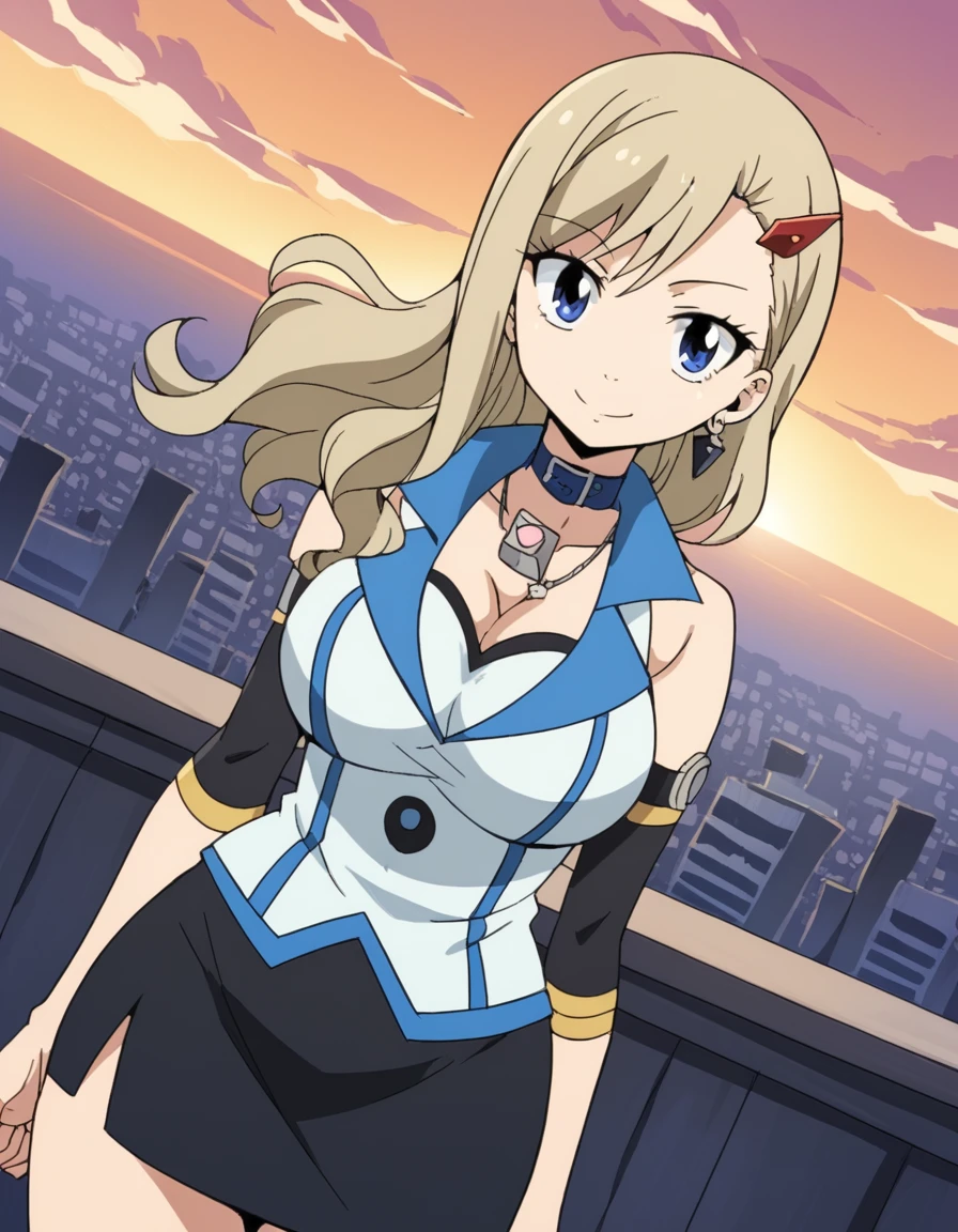 score_9, score_8_up, score_7_up, source_anime, <lora:rebecca-bluegarden-s1-ponyxl-lora-nochekaiser:1>, rebecca bluegarden, blue eyes, blonde hair, large breasts,, hair ornament, hairclip, skirt, cleavage, jewelry, earrings, boots, detached sleeves, miniskirt, necklace, pencil skirt, white shirt, collarbone, bare shoulders, blue collar, sleeveless,, rooftop, sunset, cityscape, quiet moment, wind blowing, contemplative, smile, , arm wrapped around someone, solo,, cowboy shot, dutch angle