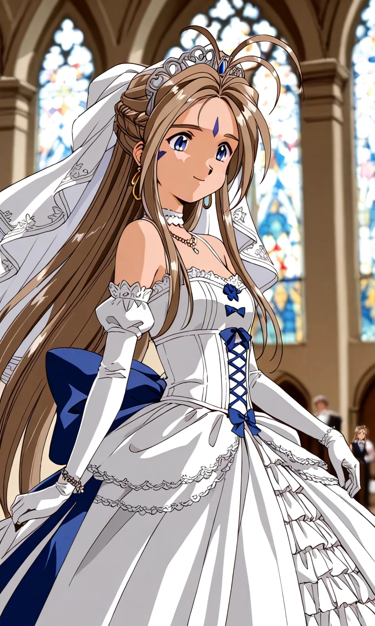 belldandyova, solo, 25 years old woman, 
japanese anime style, smooth, 
light brown hair, voluminous hair, long side bangs, blue eyes, antenna hair, ahoge from the forehead center top, light pink lips, 
an elongated-shaped blue forehead mark, triangular-shaped blue cheek marks, silver choker, silver earrings, silver anklets,
adorned in a shimmering white satin bridal gown boasting a voluminous princess skirt, an elongated trail, a harmoniously fascinating veil, and an intricately laced and diamond-encrusted bodice with a bow. Victorian style wedding gown with lace, frills and ribbons. Elaborate victorian updo hairstyle. ribbon belt on waist, Crowning her head is a princess's tiara, while diamond earrings and necklace sparkle in contrast with the white satin of her elbow-length opera gloves, 
church, blue sky, ((((blurred background)))),
dynamic angle, from behind, 
smile, relaxed,
<lora:Belldandy OVA SDXL V1.1:1>,