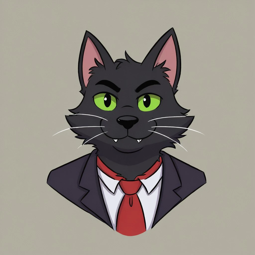 SpikeRemington, SpikeRemington[FVF], cat, black body, black fur, animal ears, black pupils, green sclera, coloured sclera, anthro, wiskers, (Male Anthro Cat:1.5)
Solo, alone, by himself, 1boy, male.
Clothing, clothed, suit, black suit, red tie, tucked tie, white undershirt.
athletic, athletic body, muscles. (athletic body), (black body:1.1),
HD, digital painting, digital art, masterpiece.
Headshot, head focus, close to face, closeup, bustshot.
Happy emotion, happy. 
Outside, battlefield, ww1. (outside:1.1) 
HD, digital painting, digital art, masterpiece ((headshot)), digital drawing (artwork), digital media (artwork), hi res.  negative_hand. spicytacozzz[STYLE], Art by spicytacozzz[Style], furry, furry art, Cartoony, Toon like, toony, cutesy style,