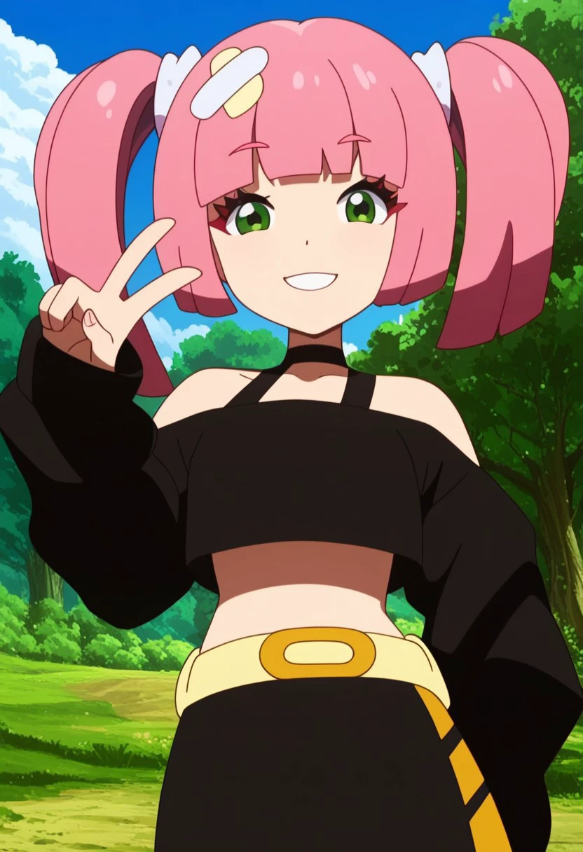 score_9, score_8_up, score_8, medium breasts, (curvy), cute, eyelashes,       BREAK,  
zzCoral, pink hair, twintails, blunt bangs, hair ornament, belt, long sleeves, sleeves past fingers, black skirt, black choker, black crop top, bare shoulders, yellow belt, bandaid, midriff, collarbone,
(v), hand on hip, contrapposto, hip to the side, 
,,,
outdoors, sky, day, cloud, tree, blue sky, sunny, 
,,,
BREAK,  cowboy shot, smile, looking at viewer,   Expressiveh,