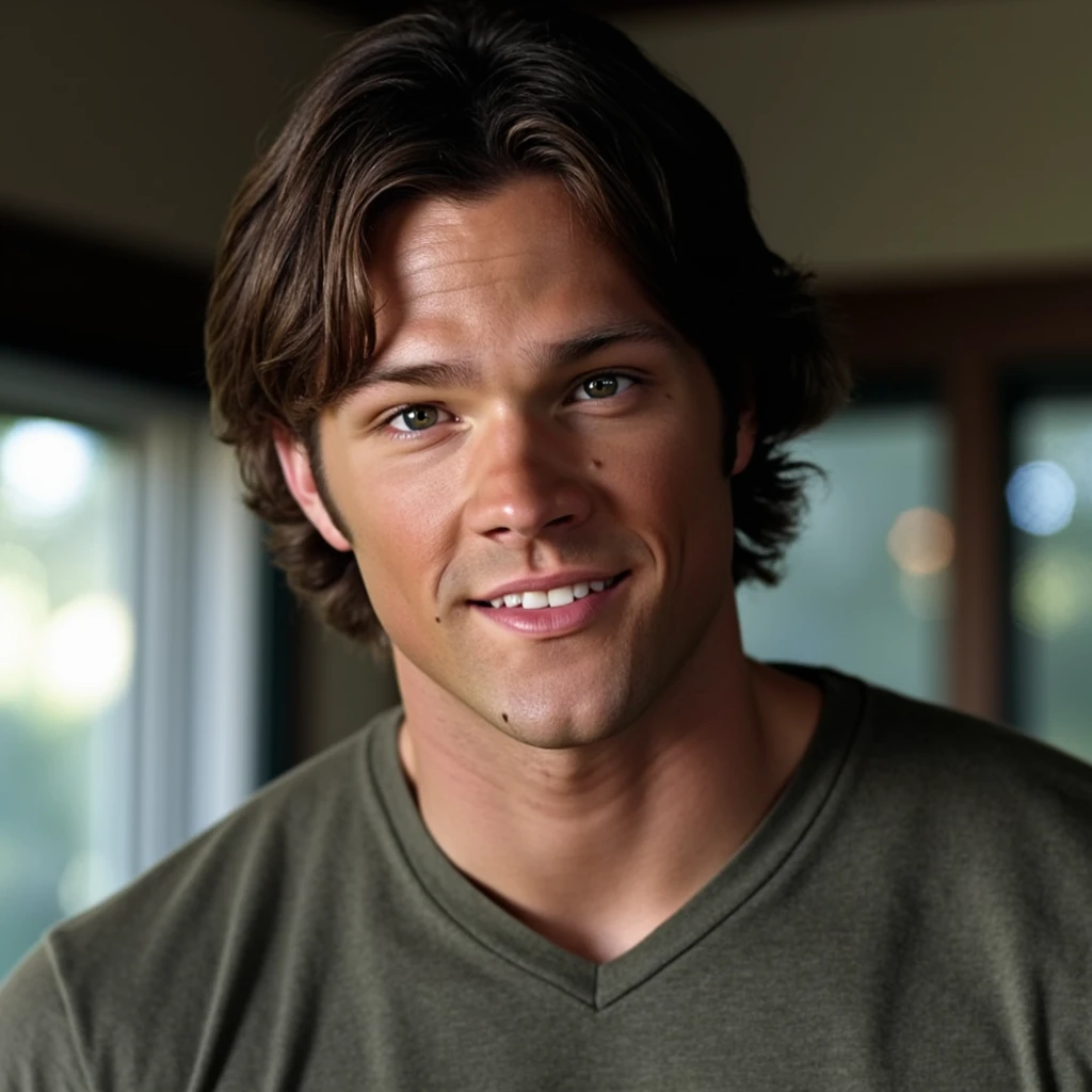 (padalecki, handsome male 20 yo, athletic) looking at viewer, smile, teeth, casual clothes, portrait, close up view