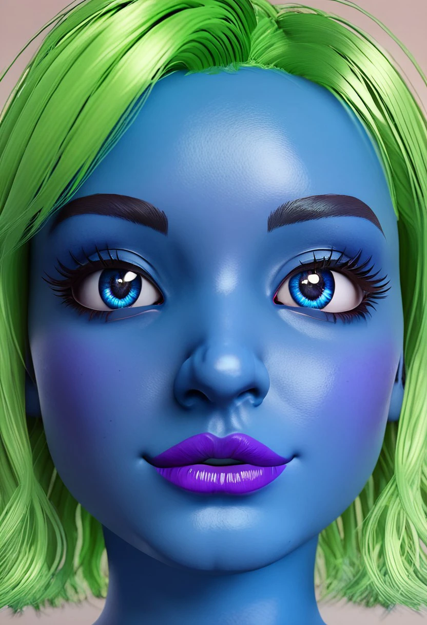 jannetblue, portrait, face, close up portrait, in the bedroom, blender, 3d, smooth, high details, masterpiece, 4k, smile, (blue skin), (green hair), (neckband), (purple lips), (blue eyes), sexy, cute, woman, girl