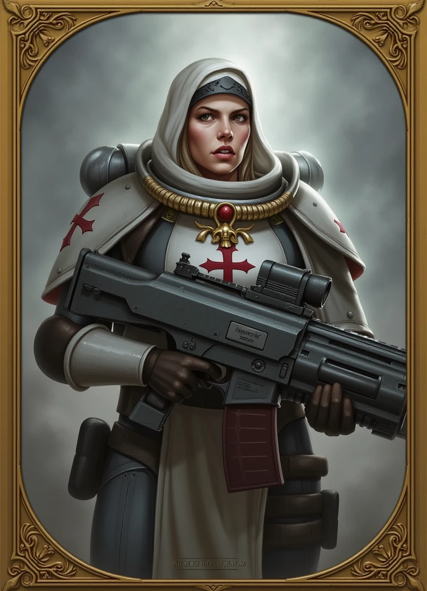 A digital painting of a Sister of Battle \(Warhammer 40k\) in a upper body portrait. She is wearing a Sororitas power armor with white and grey color scheme, a white tabard with a red and gold cross, a helmet with a white veil, and a white skullcap with a black band. She is holding a bolter in her right hand. The background is filled with a gray mist. There is a golden filigree border surrounding the image. The artwork is done in a vignette style, with the lower portion of the sister of battle dispersing. soft edges, extremely detailed, moody atmosphere, grim and gritty.

By Albert Sargsyan.