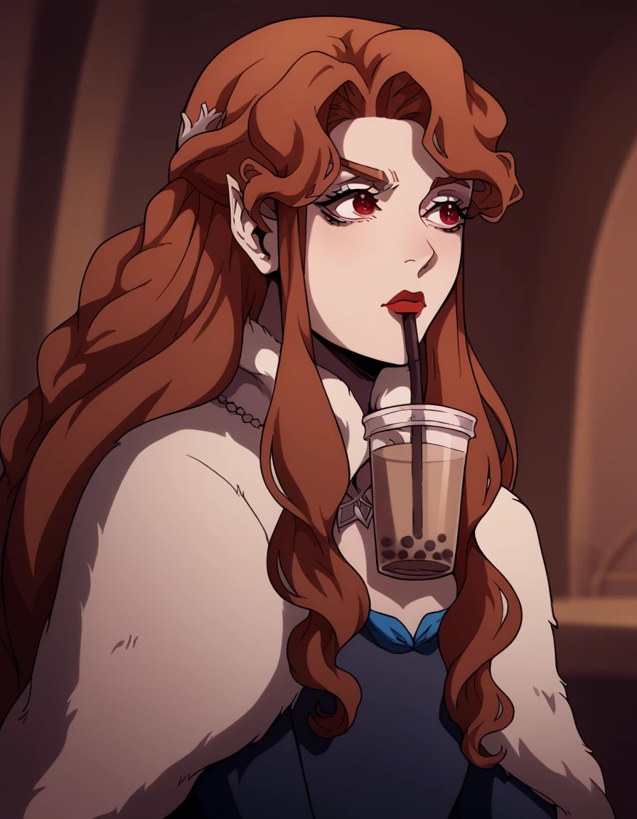 score_9, score_8_up, score_7_up, source_anime, <lora:castlevania-lenore-ponyxl-lora-nochekaiser:1>, lenore, long hair, brown hair, braid, makeup, lipstick, red lips, red eyes,, <lora:bubble-tea-challenge-ponyxl-lora-nochekaiser:1>, bubble tea challenge, bubble tea, object on breast, drinking straw, drinking straw in mouth, drinking, cup,, indoors, sitting, looking down, , cowboy shot, dutch angle