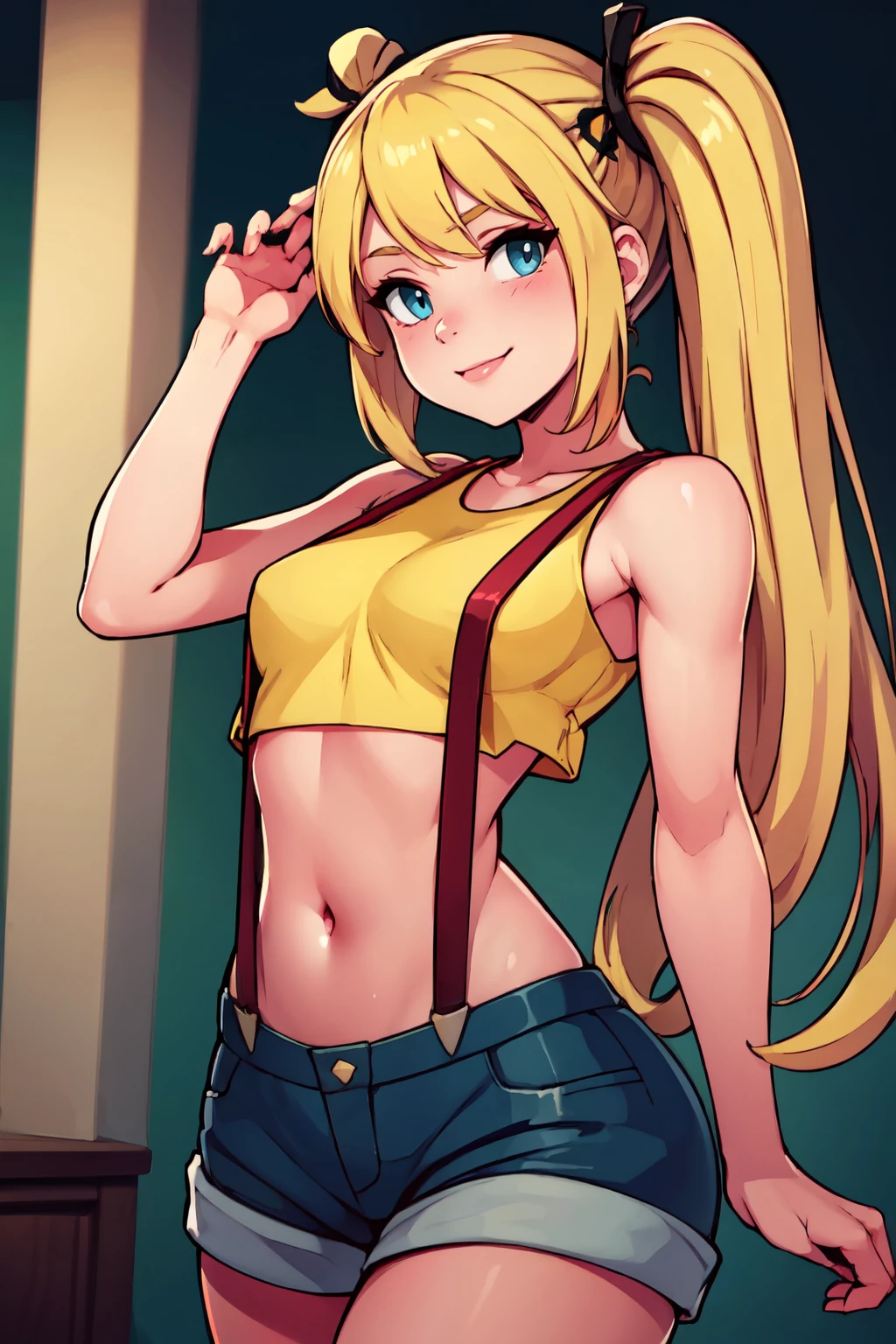 ((masterpiece,best quality)), absurdres,  BREAK, , <lora:MarieRose_SD_Citron:0.8>,  zzMarie, blonde hair, twintails,  , BREAK,  <lora:Misty_Pokemon_Cosplay_v3:0.8>,  misty (pokemon) (cosplay), yellow crop top, suspenders,, BREAK, solo, smile, looking at viewer, cowboy shot,