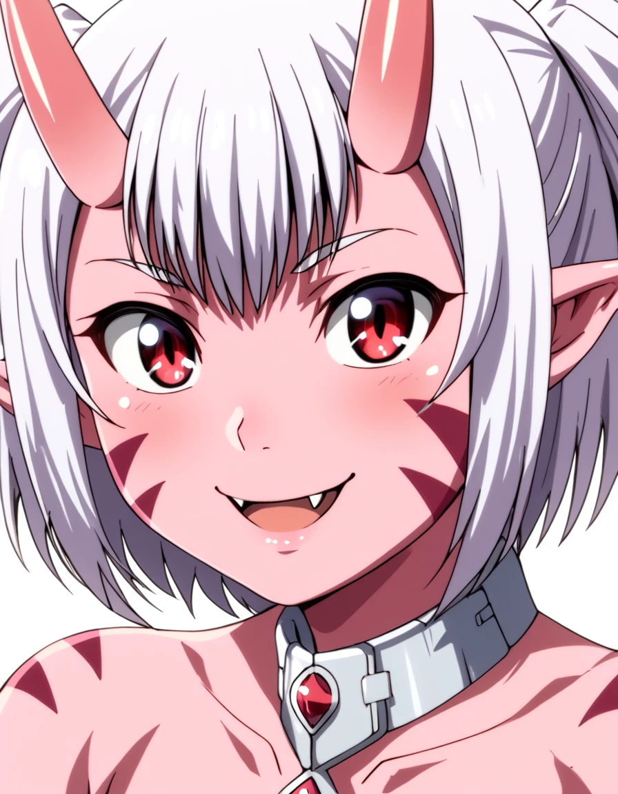 score_9, score_8_up, score_7_up, score_6_up, score_5_up, score_4_up, source_anime  <lora:PeterGrillPhilosophersTimeV2:1>, soft smile, portrait,  Mimi, fangs, demon girl, big eyes, pointy ears, red eyes, facial mark, colored skin, white hair, two side up, oni, short hair, pink skin, tail,