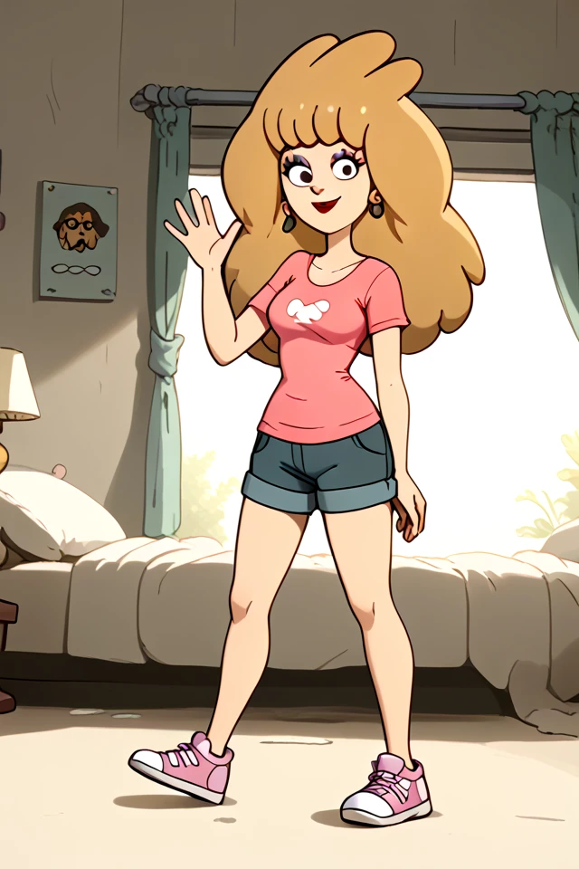 <lora:Tinona_Sumouski_PONY:1.1> 1girl, black eyes, blond hair, big hair, long hair, makeup, pink shirt, jean shorts, jorts, full body, pink and white sneakers, smile, standing, waving, looking at viewer, indoors, trailer home, hoo[ earrings, dog,, source_cartoon, score_9, score_8_up, score_7_up,