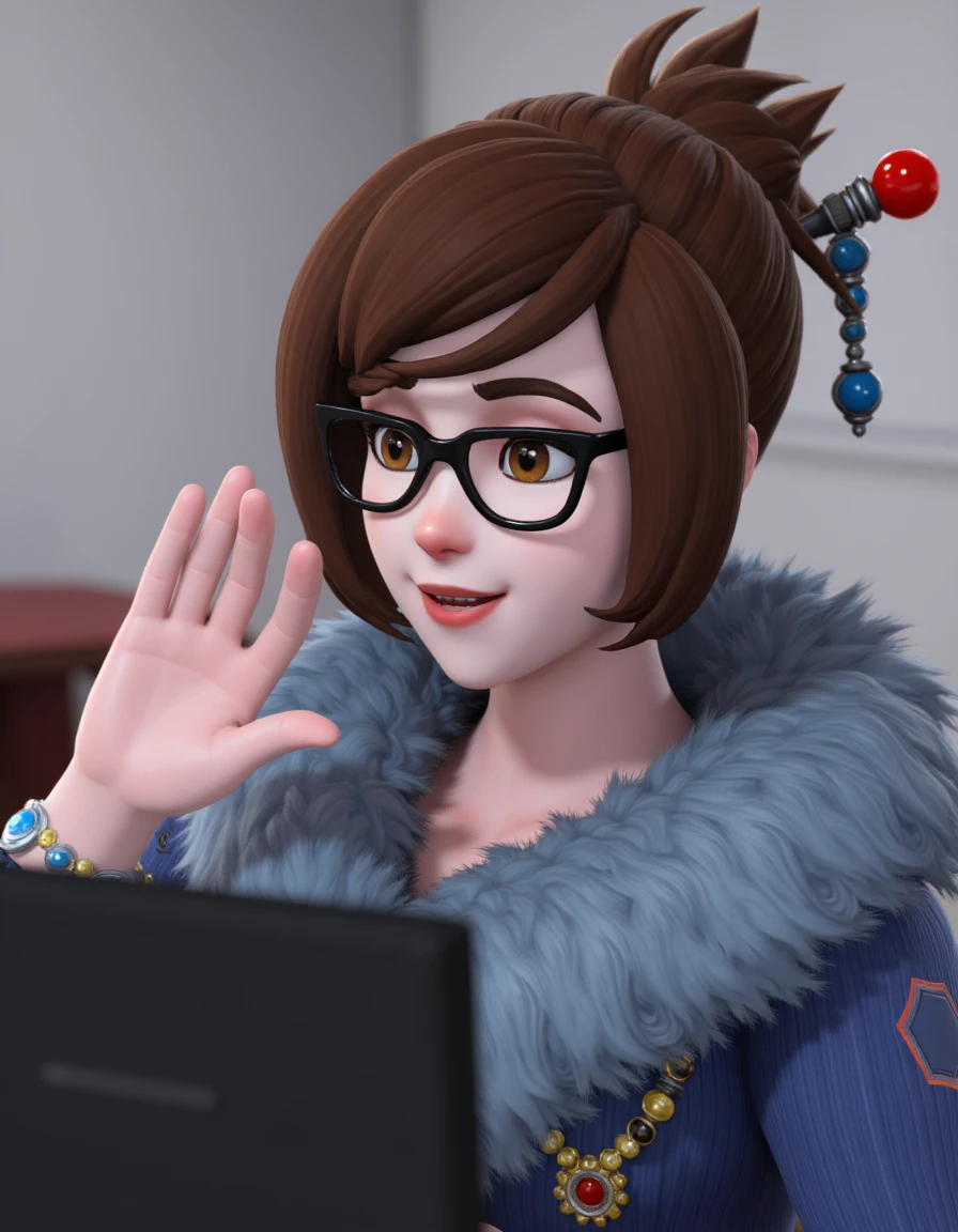 plump, 
1girl, mei (overwatch), beads, jewelry, solo, brown hair, hair stick, bracelet, hair ornament, glasses, looking at viewer, bead bracelet, brown eyes, smile, mole, hair bun, teeth, black-framed eyewear, blue fur_coat, fur_collar, open mouth, single hair bun, waving, short hair, computer, swept bangs,  upper body, blurry, hand up