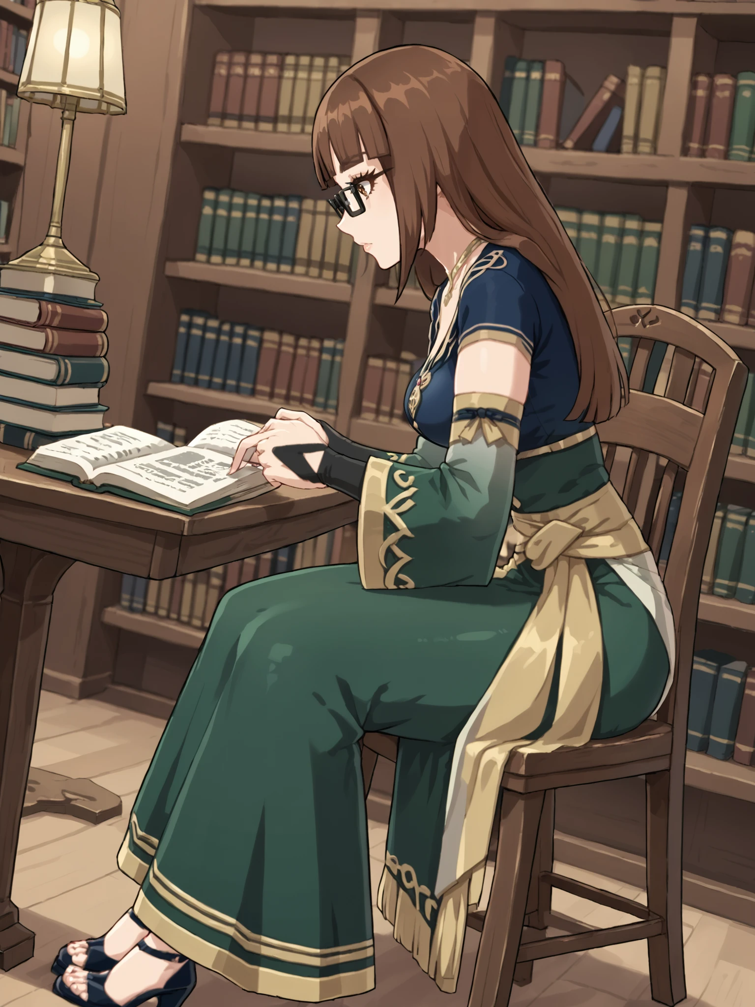 score_9, score_8_up, score_7_up, source_anime, BREAK
<lora:age_slider_v4:0>, (detailed eyes, detailed face, beautiful eyes, long eyelashes, thick eyelashes:1.5), (library, bookshelves, on wooden chair, studying, leaning forward:1.5), desk lamp, (sitting:2.5), (from side:1.5), perspective, BREAK
<lora:Genshin_NPC_Alrani_Pony_v1:0.8>, galrani, brown hair, brown eyes, blunt bangs, long hair, jewelry, necklace, bridal gauntlets, semi-rimless eyewear, green dress, long dress, black-framed eyewear, under-rim eyewear, green dress, (detached sleeves:1.3), long sleeves, wide sleeves, black footwear, high heels, toes, (wide hips, thin waist:1.5)