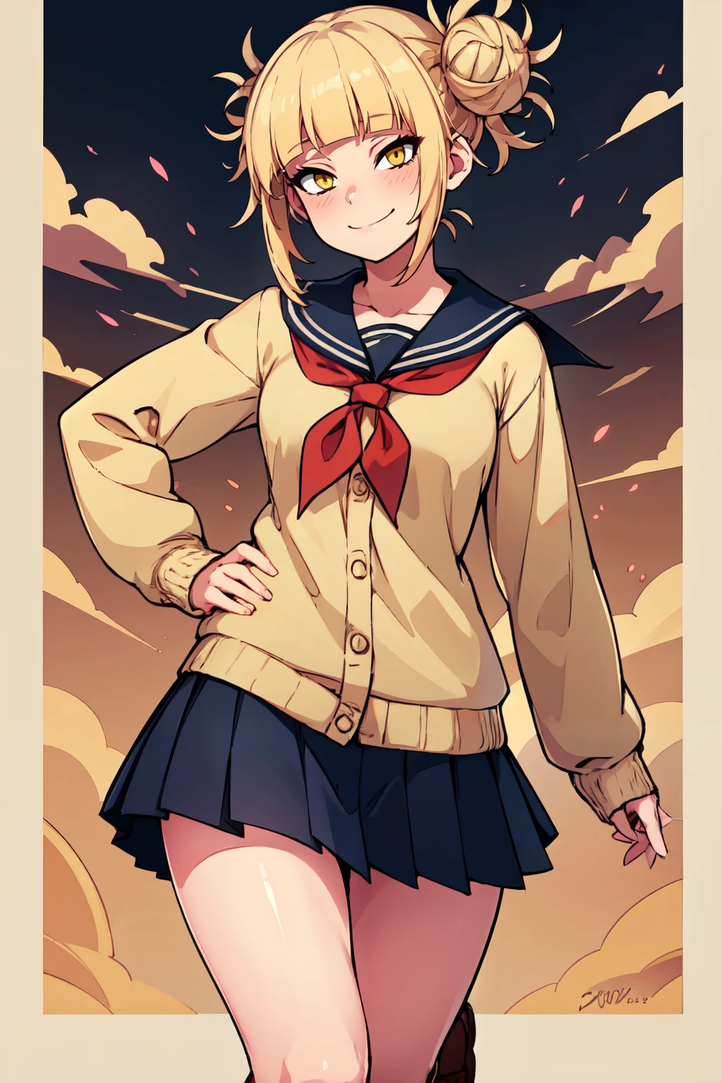 ((masterpiece,best quality)), absurdres,  BREAK, , <lora:Toga_Himiko:0.8>, zztoga, bangs, blonde hair, yellow eyes, blunt bangs, hair bun, double bun, messy hair, skirt, long sleeves, school uniform, pleated skirt, shoes, serafuku, socks, sailor collar, blue skirt, neckerchief, kneehighs, brown footwear, cardigan, black socks, loafers, red neckerchief, yellow cardigan,, BREAK, hip to the side, contrapposto, cowboy shot,, BREAK, solo, smile, looking at viewer, cowboy shot,