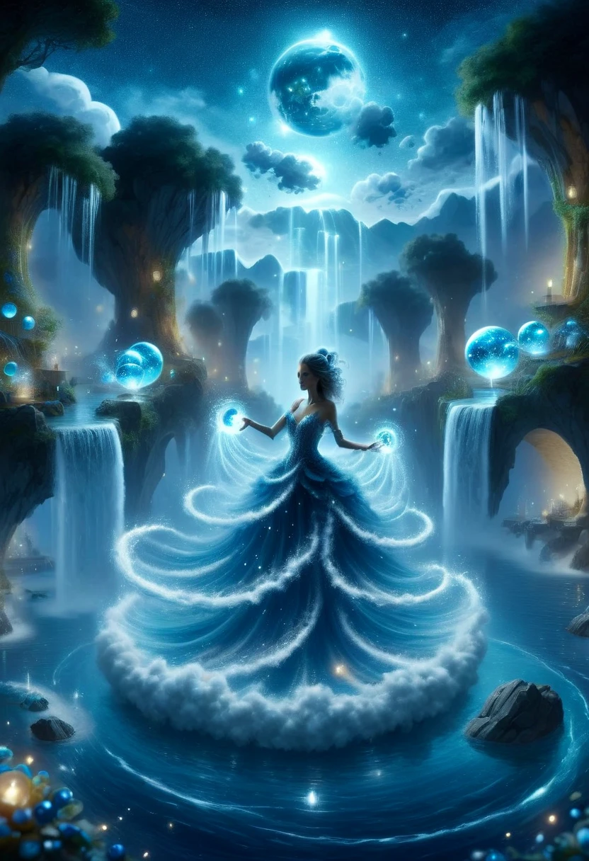 watergoddess, floating islands, waterfall, magical, twinkling lights, water orbs, water magic