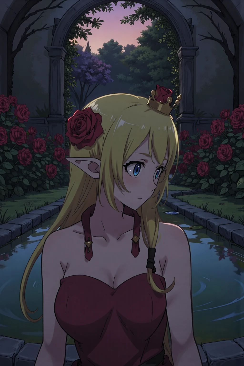 Photo Portrait ,Tuka_Luna ,woman ,blonde hair, solo, blue eyes, long hair, pointy ears, elf, Break, A bare-shouldered woman, wearing a red dress with a mini-crown and a red rose in her hair. Her mouth is closed and she is looking forward., the background A mysterious and romantic garden, with red roses and exotic flowers growing around a tranquil pond. Evening light filters through the trees, creating mysterious shadows on the ground. A stone path leads to an archway of flowers, where the woman from the description above stands, looking down with an enigmatic expression. The air is filled with the sweet scent of flowers and the gentle sound of a nearby stream.