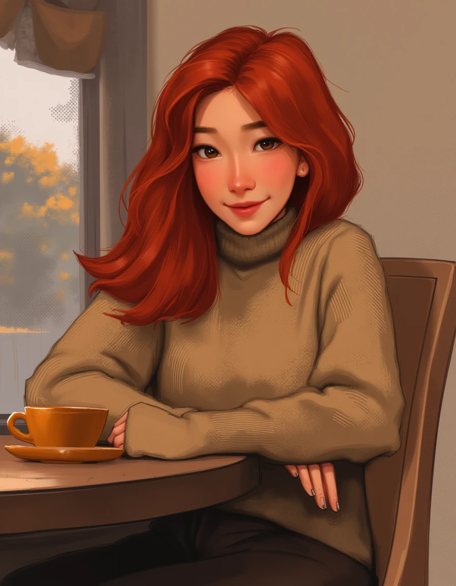 a red hair woman wearing a pullover, sitting in a chair, by masterados