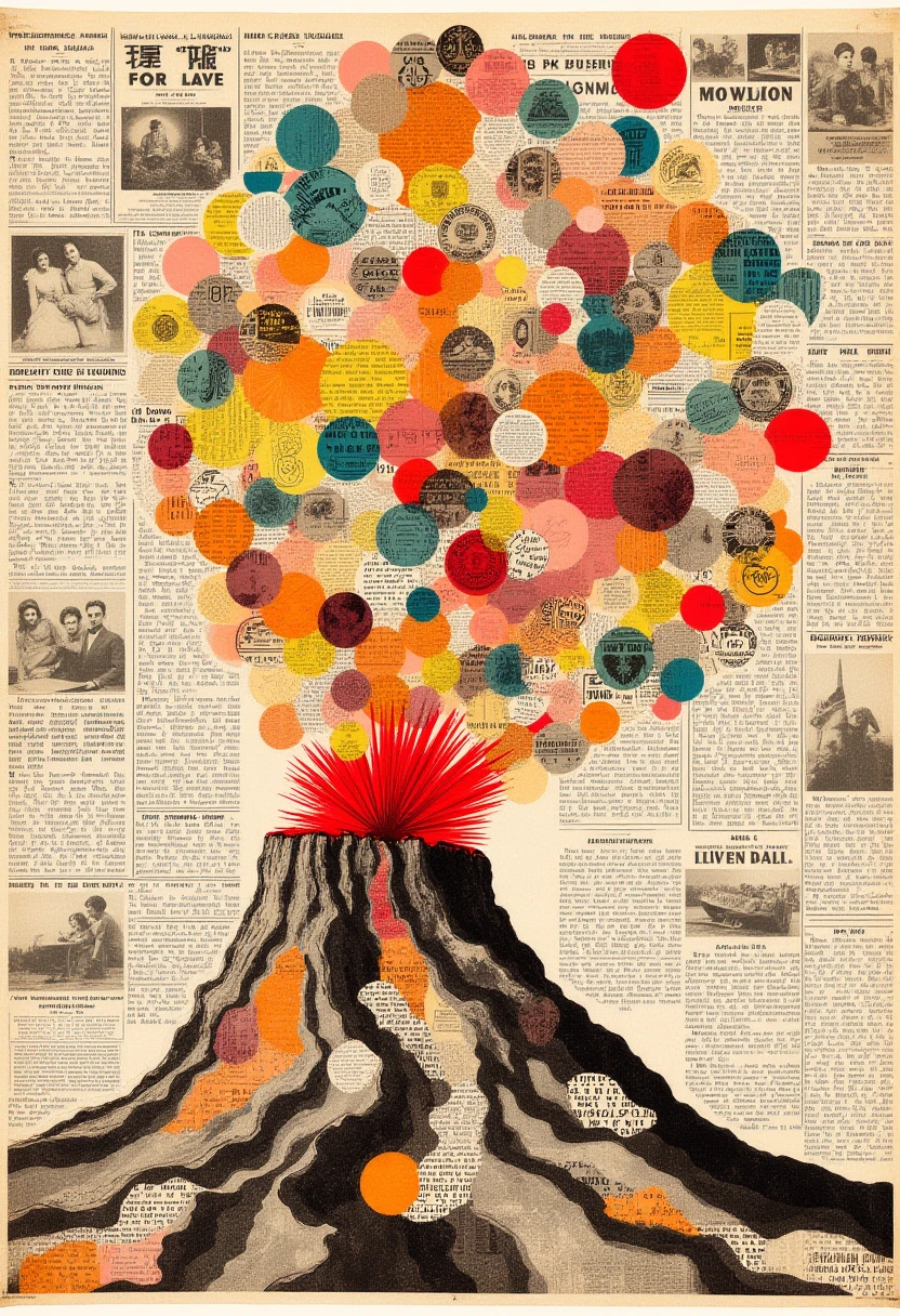 <lora:NstlgaNv__flux_EliPot:1> newspaper, collage, The Drumbeat of a Restless Volcano