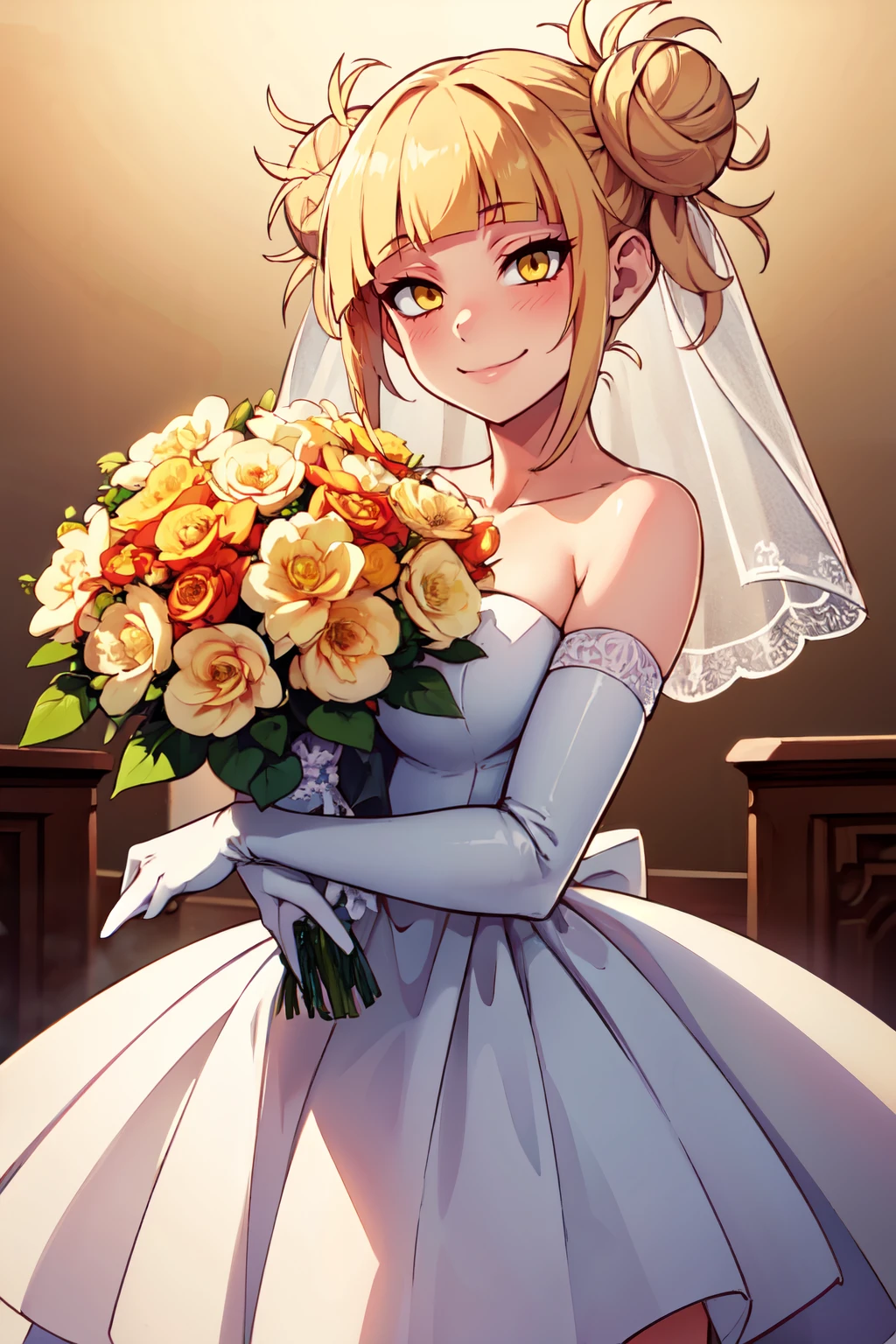 ((masterpiece,best quality)), absurdres,  BREAK, , <lora:Toga_Himiko:0.8>, zztoga, bangs, blonde hair, yellow eyes, blunt bangs, hair bun, double bun, messy hair,, BREAK, bride, wedding dress, bridal veil, strapless dress, elbow gloves, holding bouquet,, BREAK, solo, smile, looking at viewer, cowboy shot,