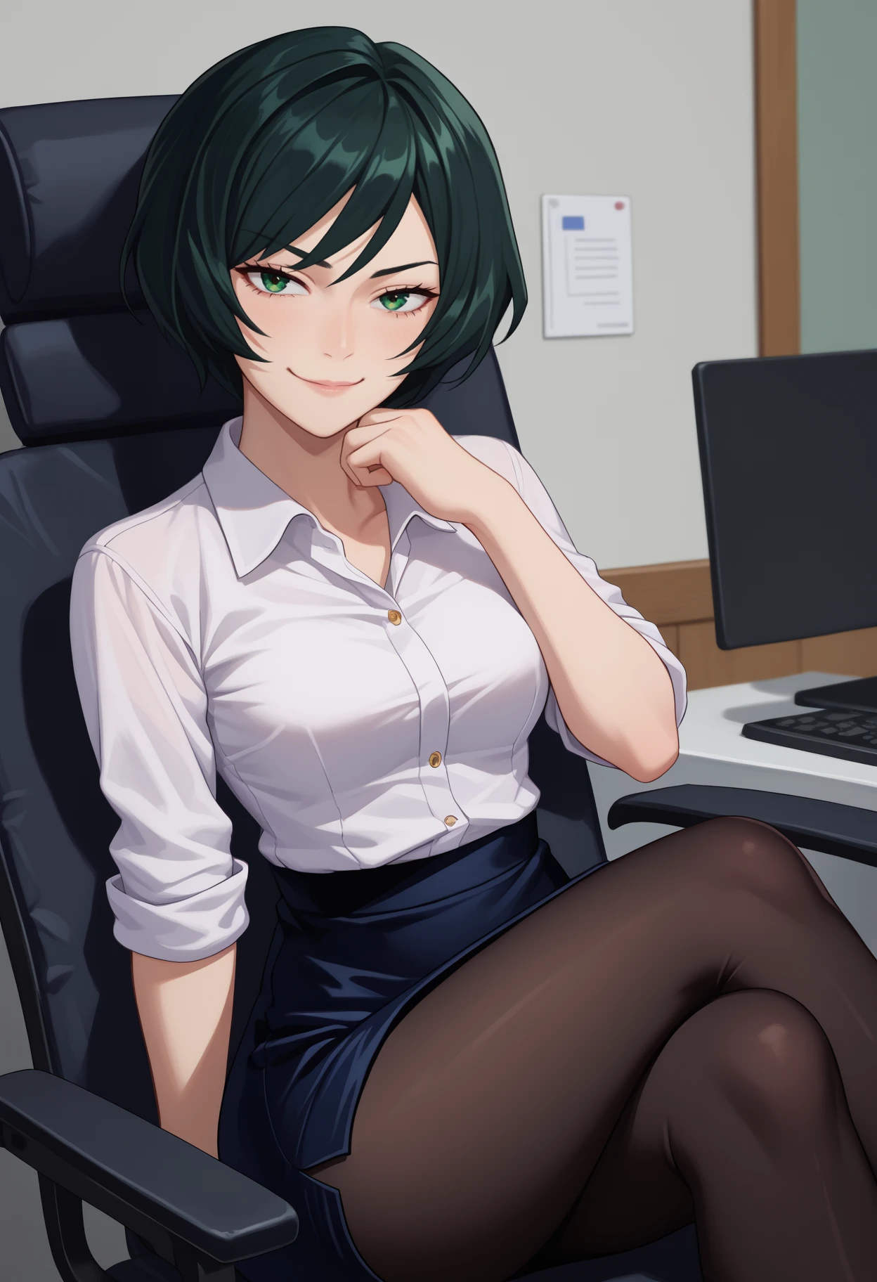 score_9, score_8_up, score_7_up, source_anime, <break> solo, 1girl, zenin mai, smug, looking at you, sitting, swivel chair, crossed legs, black hair, green eyes, white shirt, collared shirt, sleeves rolled up, black skirt, pencil skirt, black pantyhose, medium breasts, indoors, office
<segment:yolo-face_yolov8m.pt,0.4,0.5//cid=1>