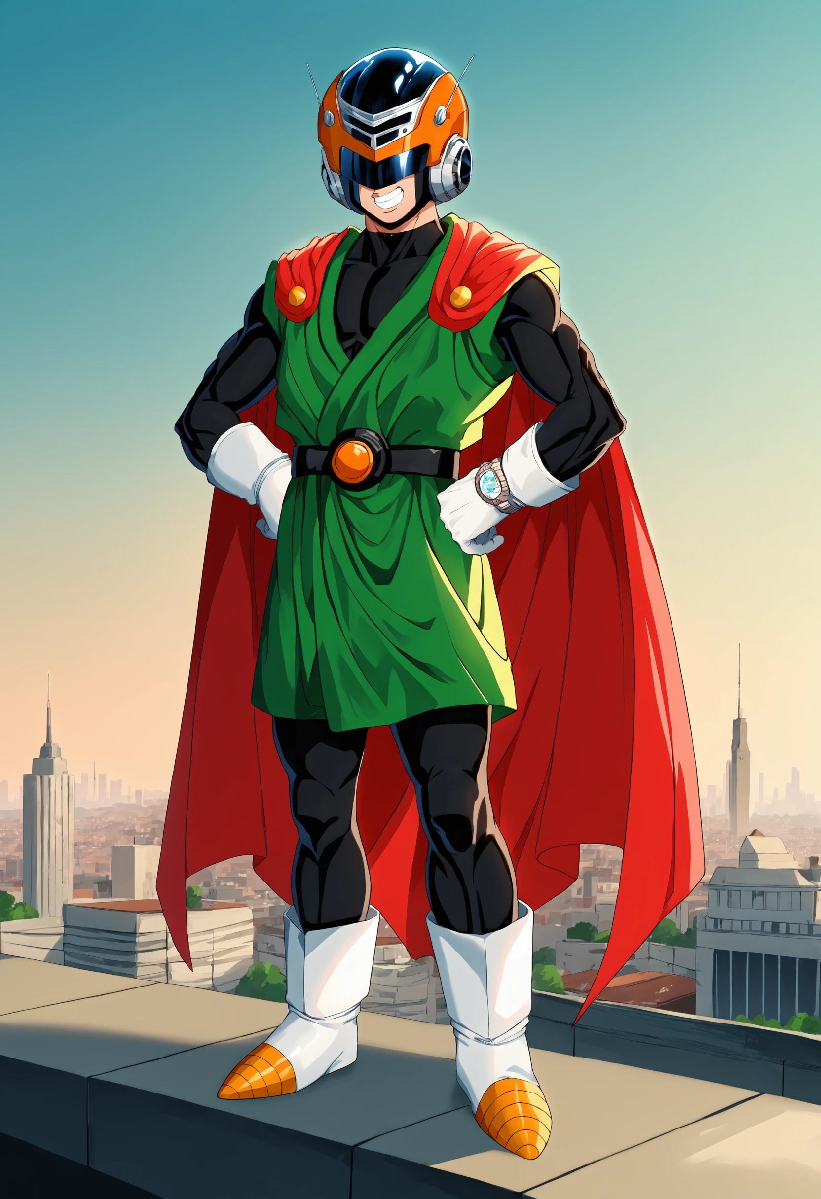 score_9,score_8_up,score_7_up,source_anime BREAK
gr34tsm4n,green tunic,full body,black belt,orange helmet,white boots,grin,looking forward,black bodysuit,white gloves,three-quarter view,silver wristwatch,red cape,standing,hands on own hips,gold boots,covered eyes,<lora:DBZ Adult Gohan v52:1>,on the rooftop, cityscape, metal railings, midday sky,,