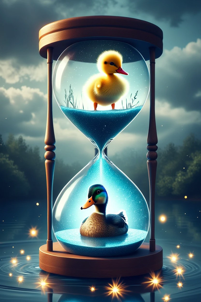 Hourglass style. Hourglass Top: A fluffy duckling waddling along the edge of a sparkling pond. Hourglass Bottom: An adult duck swimming calmly in the same pond under a cloudy sky. Background: The hourglass is placed at the pond’s edge, with glowing water droplets cascading through it, symbolizing the transition from duckling to duck.
<lora:flux_events_Hourglass_style:1>