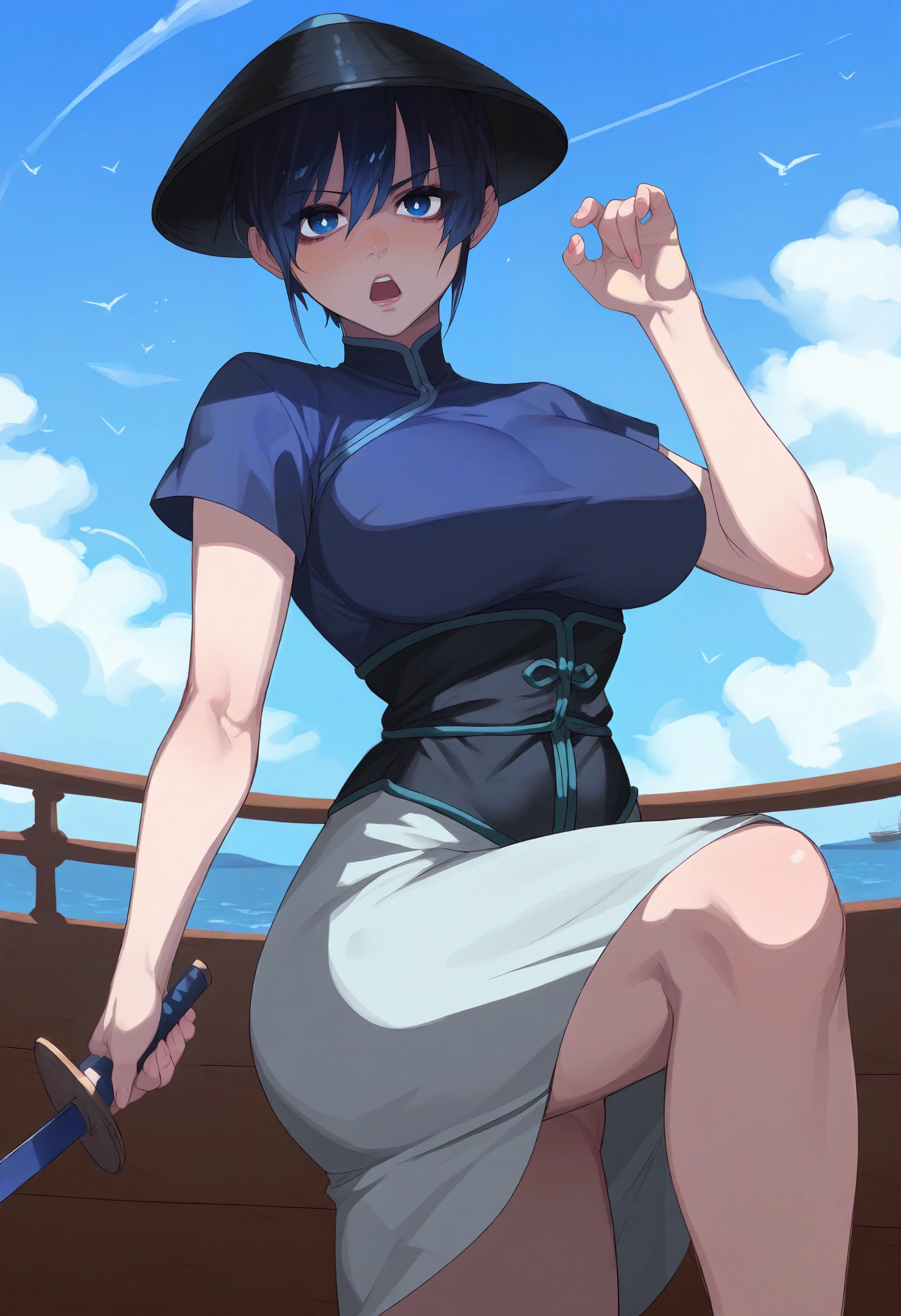 score_9, score_8_up, score_7_up, score_6_up, source_anime, rating_explicit, 1girl, (solo:1.1), huge breasts, <lora:Dan Li-Hwa prefectPonyxl:0.9> short hair, black hair, black eyes, blue eyes, blue hair, (white pupils:1.1), rice hat, black headwear, chinese clothes, turtleneck, blue shirt, short sleeves, black corset, white skirt, serious, open mouth, ship, ocean, wooden ship, outdoors, looking at viewer, holding sword, sword, hand up, fighting stance