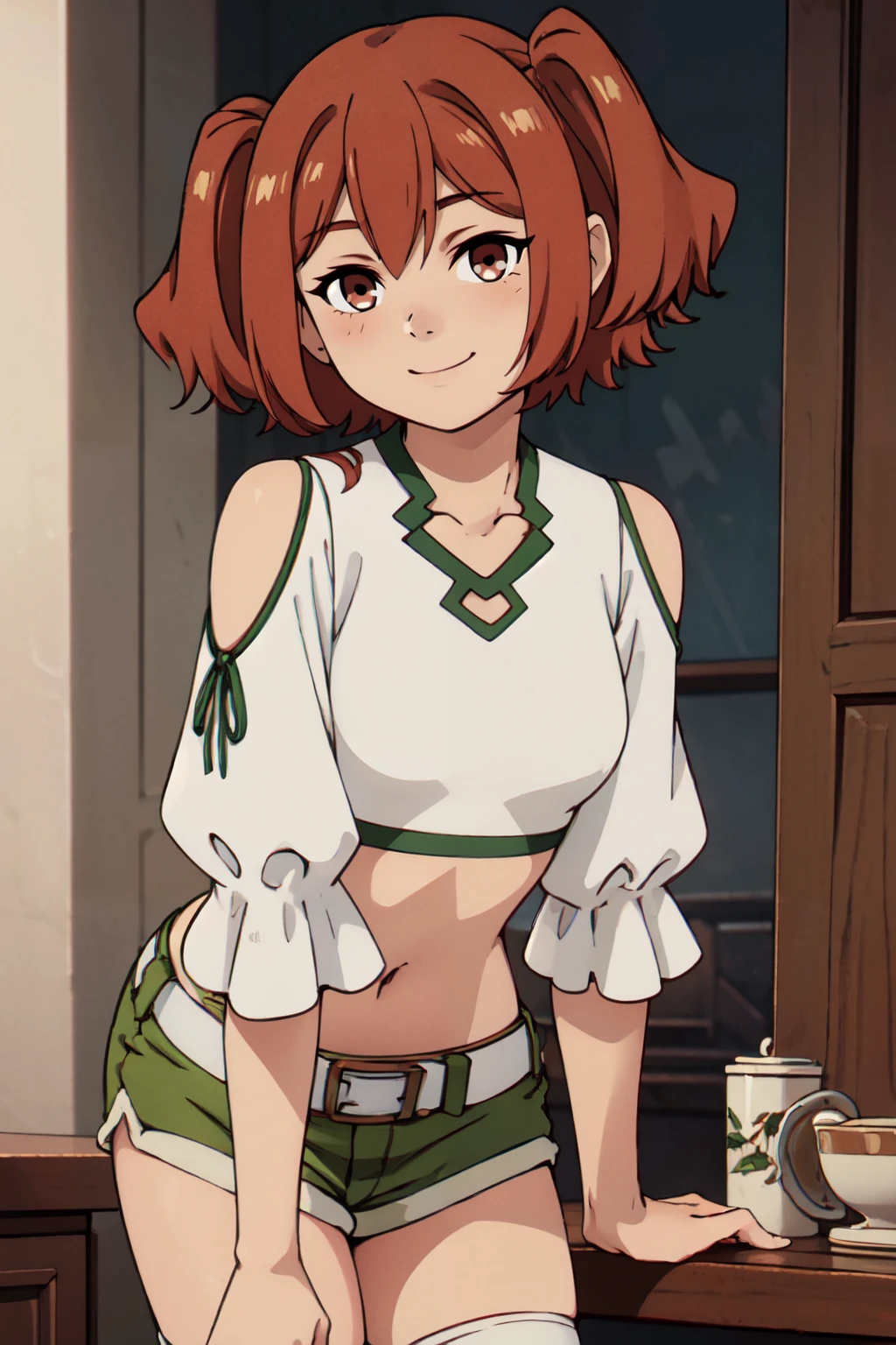 ((masterpiece,best quality)), absurdres,  BREAK, , <lora:Kanne_Sousounofrieren:0.8>,  zzkanne, short hair, brown hair, twintails, brown eyes,  shirt, thighhighs, navel, bare shoulders, white shirt, short sleeves, midriff, belt, white thighhighs, crop top, short shorts, clothing cutout, shoulder cutout, green shorts,, BREAK, leaning forward, head tilt, blush, upper body,, BREAK, solo, smile, looking at viewer, cowboy shot,