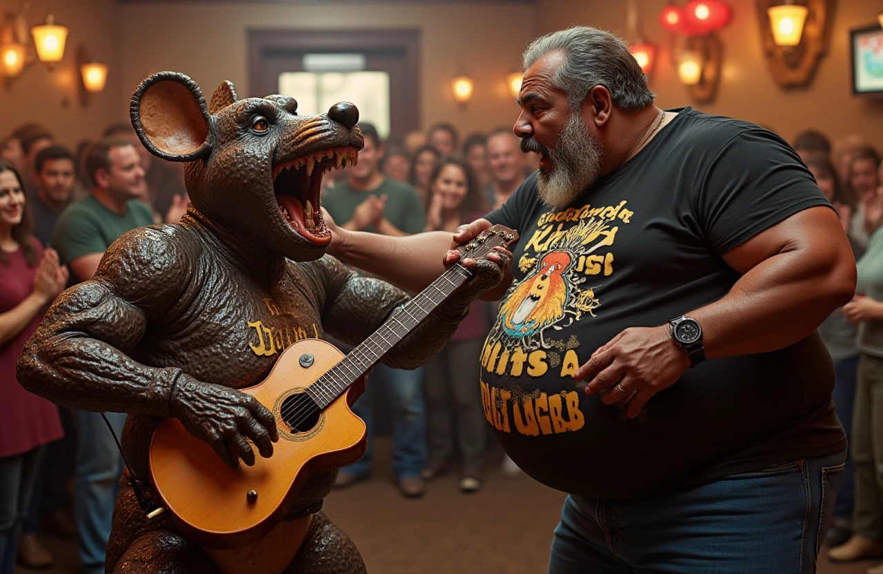 an 8K cinematic photograph, The most popular man in the world is obese and wearing a Christopher Cross Greatest Hits t-shirt as he punches an animatronic Chuck E Cheese holding a guitar, knock out <lora:The_most_popular_man_in_the_world:0.9>, UHD, ultra detailed, beautiful lighting, great composition