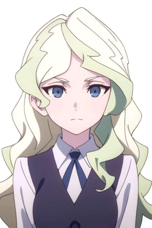 solo, 1girl, looking at viewer, 2D, anime, official style, anime coloring, anime screencap, upper body, (simple background, solid white background:1.3), <lora:diana-lwa:0.8>, diana cavendish, school uniform, closed mouth