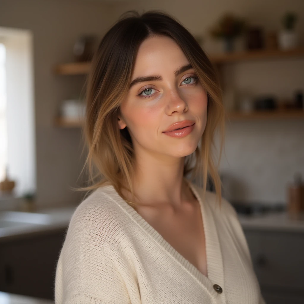 woman, light makeup, sweater, kitchen