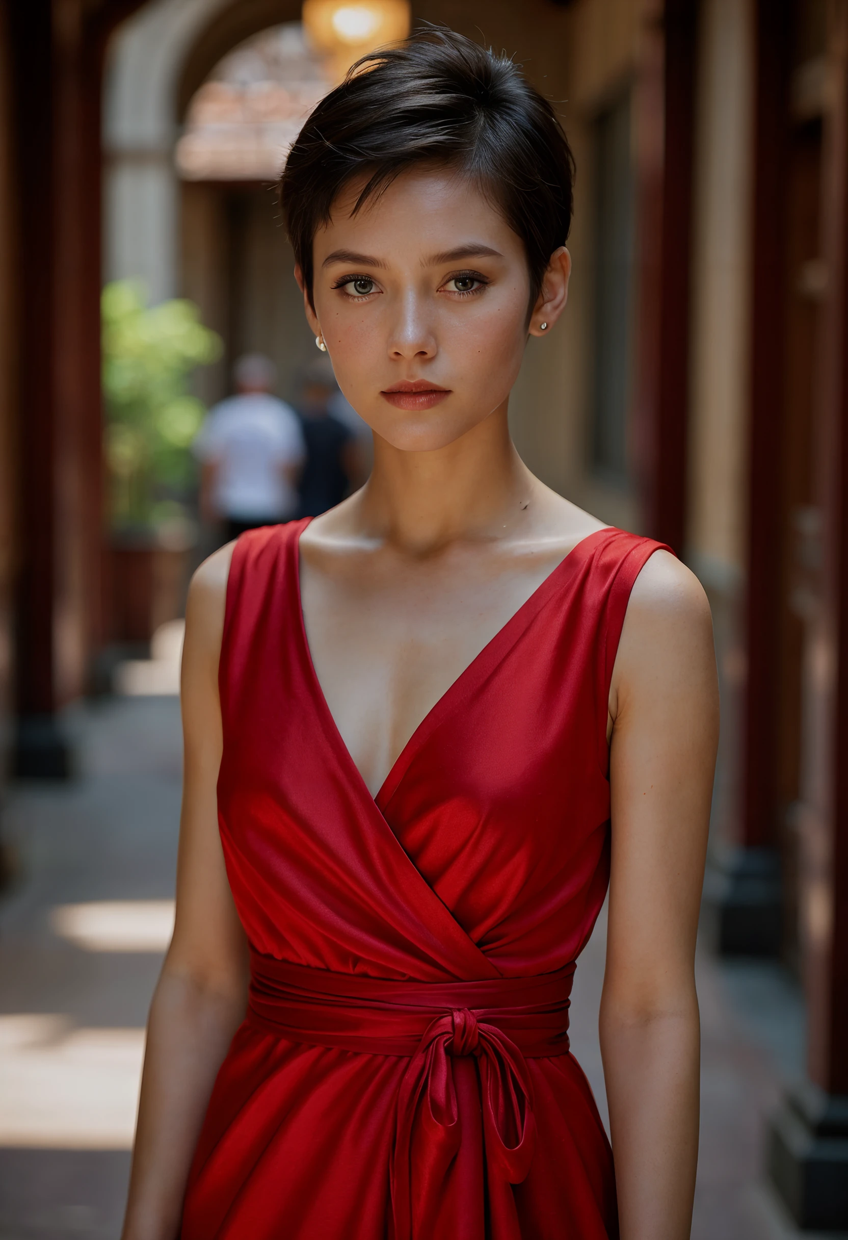 A captivating woman with an alluring pixie cut, adorned in a luxurious couture wrap dress featuring rich, flowing fabrics and a vibrant red hue, stands with a relaxed yet confident pose, showcasing the dress's elegant drape and highlighting her captivating gaze in a close-up shot captured by a Nikon D850 on Ektar 100 film, with a blurred background, broad lighting, and a low camera angle, creating a dreamy, Vogue-esque photograph emphasizing her power and confidence, all captured in the signature style of Zhang Jingna, evoking the luxurious atmosphere of a high-fashion magazine spread and celebrating the model's confidence and elegance while capturing the essence of modern femininity.