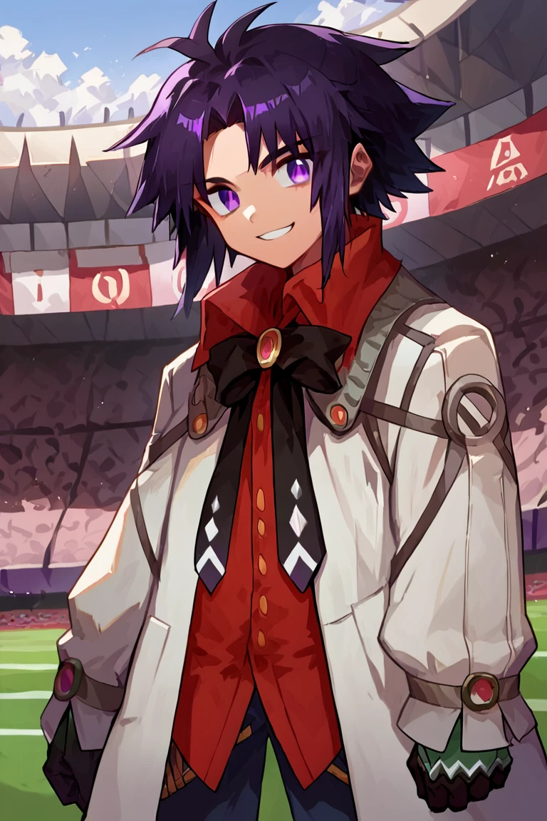 score_9,score_8_up,score_7_up,source_anime,detailed skin,stadium,revin,coat,red_shirt,black_bow,black_gloves,dark_hair,purple eyes,smile,<lora:revin_brenten10:1>,