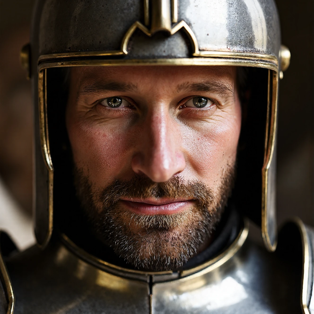 <lora:FLUX_Polyhedron_all_Kohya_ss-000001:1> RAW photo, a candid full body hero shot from the front of a male 30 year old warrior wearing a shiny knight armor with a helmet, 8k uhd, dslr, soft lighting, high quality, film grain, Fujifilm XT3
(pointy chin:1.5), (no cleft chin), (no chin dimple), (no rabbit teeth)
small chin, (no freckles:0.5), perfect eyes, glowing irises, ((even eyes)), ((even pupils)), round iris, detailed pupils, light reflections, visible cornea, blood vessels, (wet skin:1.1), (sweat:1.1), white winter skin, wax skin, marble skin, pale skin, clear skin, [[skin blemishes]], skin pores, blush, flushed cheeks, [[[[[moles]]]]], wrinkles, [[[[vitiligo spots]]]], [[whiteheads]], [[[blackheads]]], [pimples], perfect hands, shiny bright eyes, centered pupils, blood vessels in sclera, detailed skin, [[oiled shiny skin]], beauty spots, skin fuzz, shine from within, hands off face, nipples, not asian