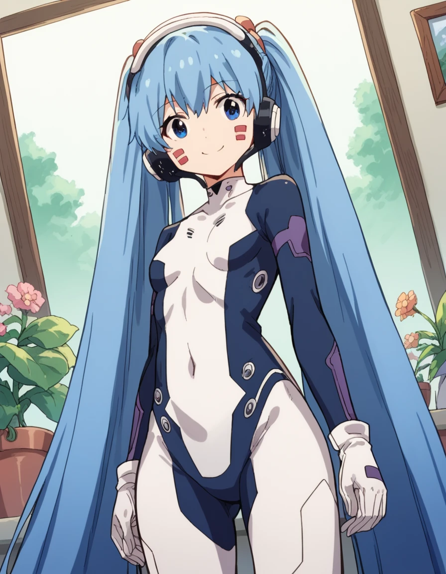 score_9, score_8_up, score_7_up, source_anime, <lora:hermit-mio-s1-ponyxl-lora-nochekaiser:1>, hermit mio, long hair, blue eyes, twintails, very long hair, blue hair, facial mark,, headphones, gloves, bodysuit, covered navel, pilot suit,, gardening, watering plants, backyard, flowers blooming, sunny day,, smile, looking at viewer, arm bent at elbow, solo,, cowboy shot, dutch angle