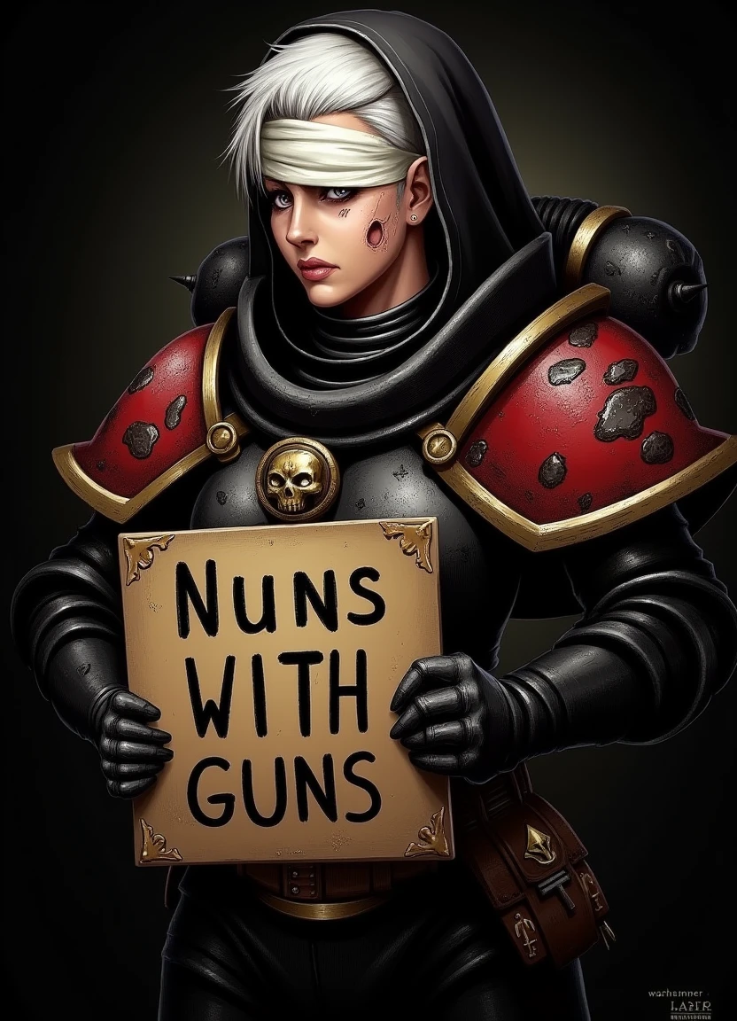 A dramatic and moody illustration of a Sister of Battle \(Warhammer 40K\). She is holding a sign that says "Nuns with Guns".

The sister of battle is wearing black and red Soroitas power armor with scratches, dents, and dirt. She has a white bandage covering her left eye, short white hair, and a scar on her face. The background is black with soft backlighting. 
Extremely detailed, high quality artwork.