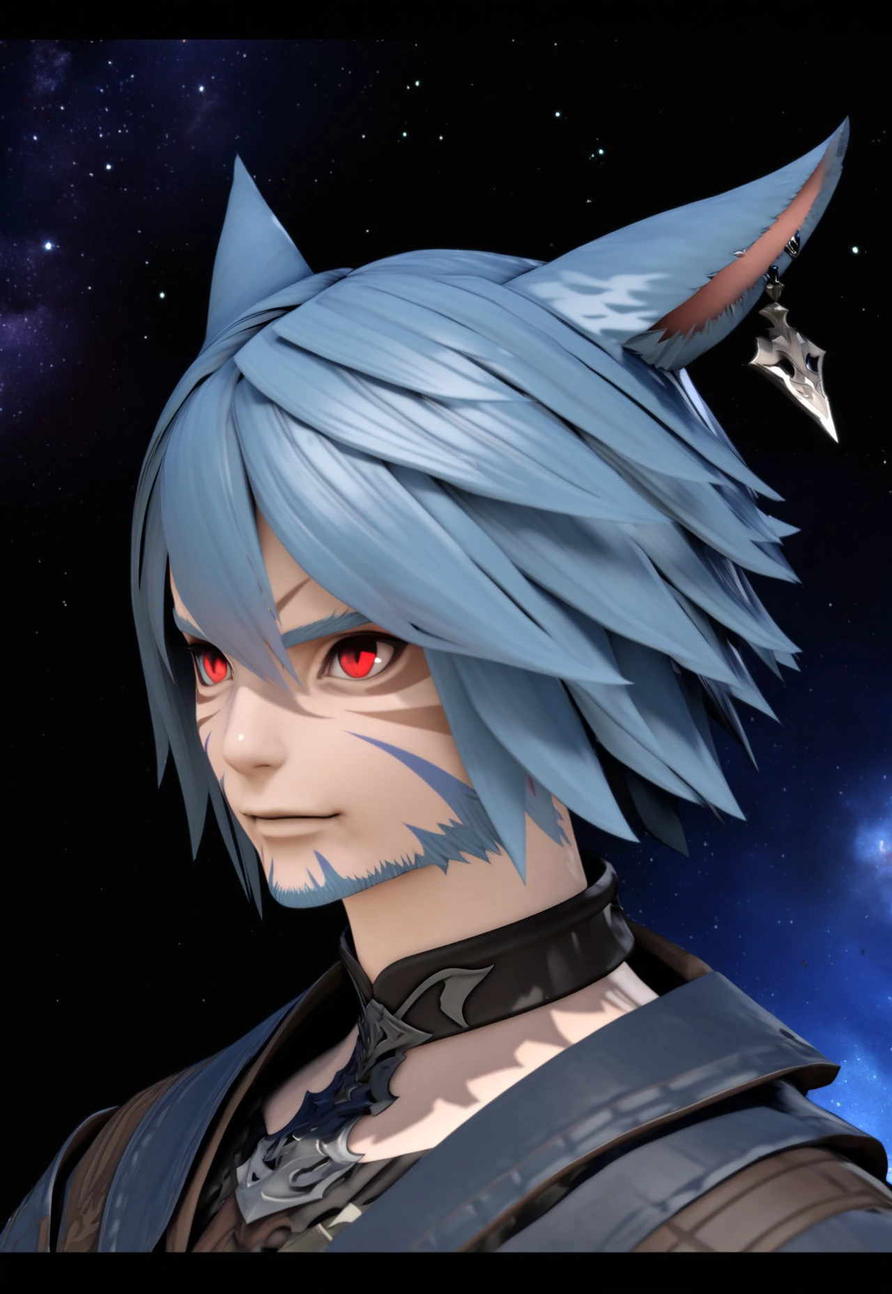 face_2_xiv, catboy, animal ears,  1boy, male focus, solo, facial mark, blue hair, cat ears, portrait, red eyes, facial hair, cat boy, star (sky), short hair, miqo'te, ffxiv, 3d, , masterpiece, best quality, very aesthetic, absurdres