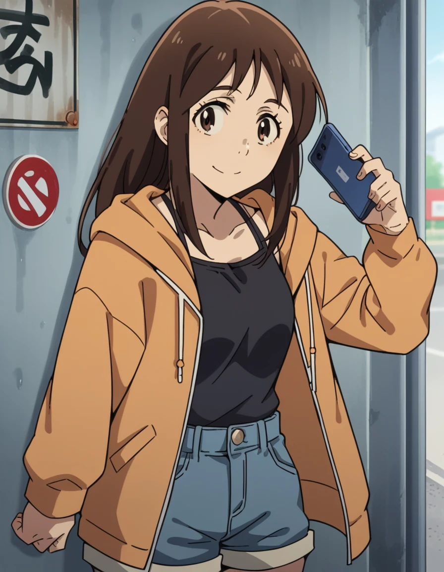 score_9, score_8_up, score_7_up, source_anime, <lora:airi-katagiri-s1-ponyxl-lora-nochekaiser:1>, airi katagiri, long hair, brown hair, brown eyes,, jacket, open clothes, shorts, hood, hoodie, denim, blue shorts, denim shorts,, bus stop, waiting, commuter, smartphone, checking time, cold morning, smile, looking at viewer, hand shaking hands, solo,, cowboy shot, dutch angle