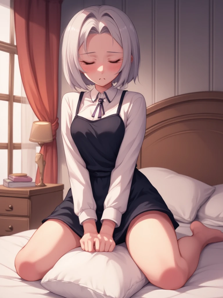 masturbate using a pillow, \nAn animated image of an anime girl sitting on a bed. She is wearing a black dress with a white long sleeve shirt and a black tie. Her hair is white and short. Her eyes are closed and her mouth is slightly open. Her hands are clasped in front of her. Her legs are crossed over a white pillow. The bed she is sitting on has a brown headboard on it. To the left of the bed is a window with red curtains. There is a brown lamp on a brown table next to the window.