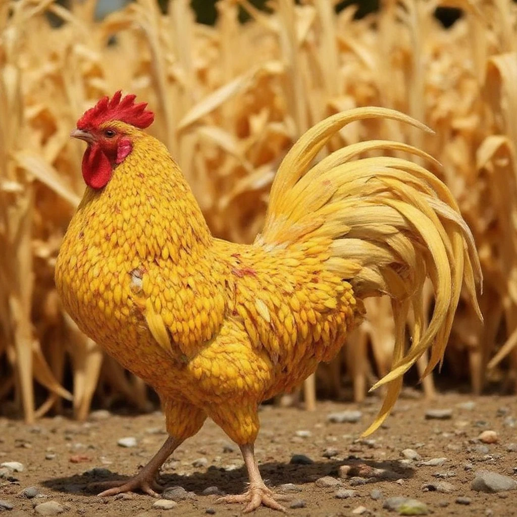 Juaner_whimsy,
A rooster with feathers made of golden corn husks, strutting proudly in a sunlit farmyard. Its bright red comb is made of soft petals, and its tail feathers trail long, flowing strands of wheat. The rooster’s crow is echoed by the rustling of the cornfield nearby, adding to the pastoral scene.