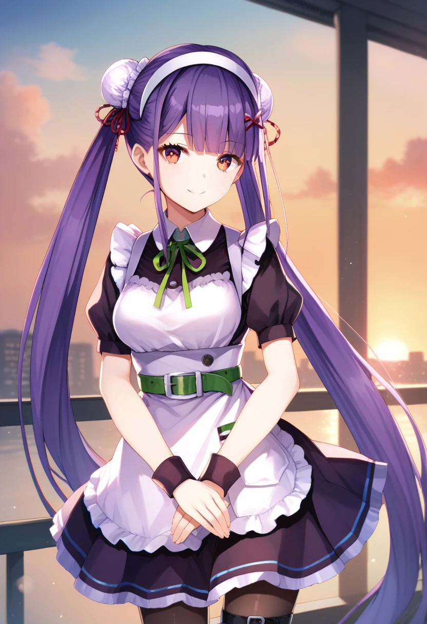 score_9, score_8_up, source_anime, 1girl, solo, twintails, long hair, red eyes, pantyhose, smile, looking at viewer, short sleeves, belt, black pantyhose, neck ribbon, green ribbon, ribbon, dress, (hairband:1.2), bangs, maid apron, sunset, closed mouth, very long hair, breasts, cloud, own hands together, hair ornament, hair bun
 <lora:last:1> 1girl, stkmr, purple hair, super long hair, twin ponytail, kunai in thigh band, twin bun,