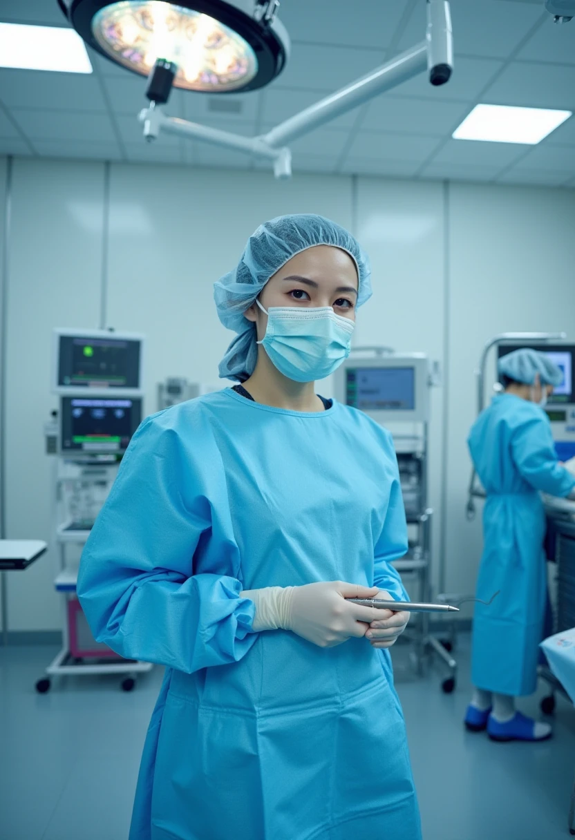 A detailed portrait of a young and beautiful Japanese female surgeon She is wearing a fitted, full set of long-sleeved surgical attire, including a long-sleeved surgical gown, surgical cap, mask, and gloves. She looks slender. She is looking at the viewer, holding a scalpel. 
The setting is a modern operating room with a clean and sterile environment. The background includes surgical equipment. A large shadowless lamp overhead.
No oversized surgical gown.
  <lora:Surgeon in bouffant cap Flux_epoch_5:1>