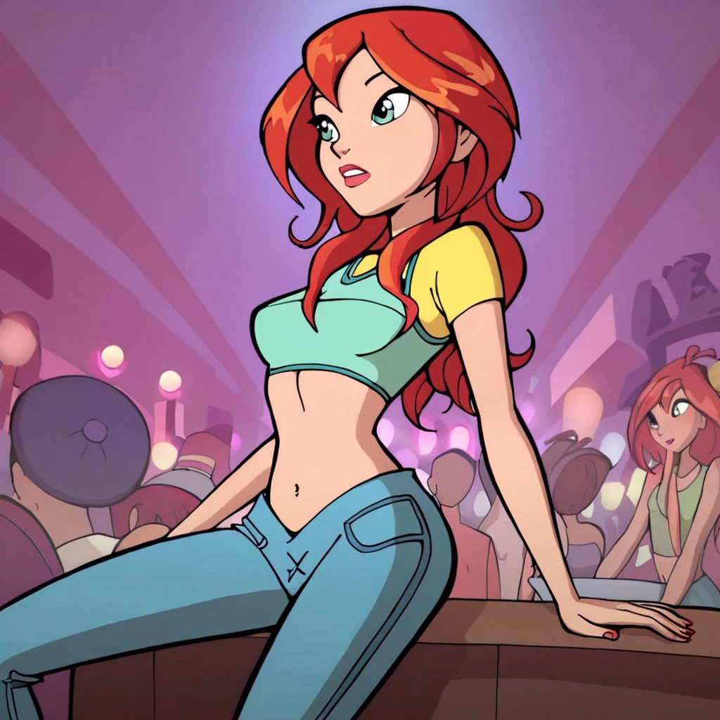 1girl, Best quality, masterpiece, cowboy shot, orange hair, green eyes, tight clothes, kpop idol, stage, wet, white shirt, dancing, sexy, short pants