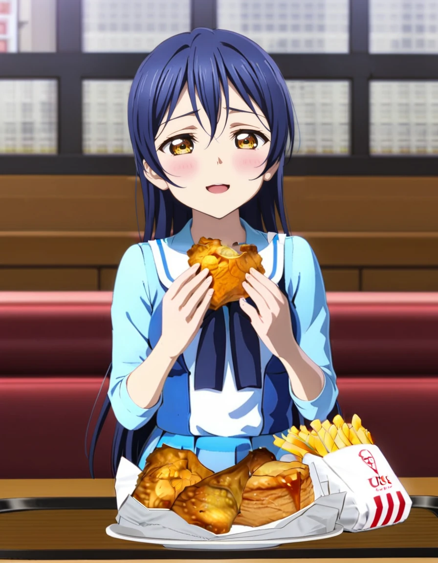 masterpiece, best quality, ultra detailed, highres,4k,(ultra-detailed:1.4) (illustration:0.5), (ray tracing,:0.8),(anime colored:0.7),(ai-generated:0.5), (anime screencap:0.2),
1girl,solo,
sonoda umi, love live!,
casual wear,skirt,
smile,open mouth,
<lora:umasanpokfcXL1:1>,umasanpokfc,
french fries, holding food,fried chicken,chicken leg,table,plate,restaurant,sitting, hands up, eating,indoors,pov across table,upper body,