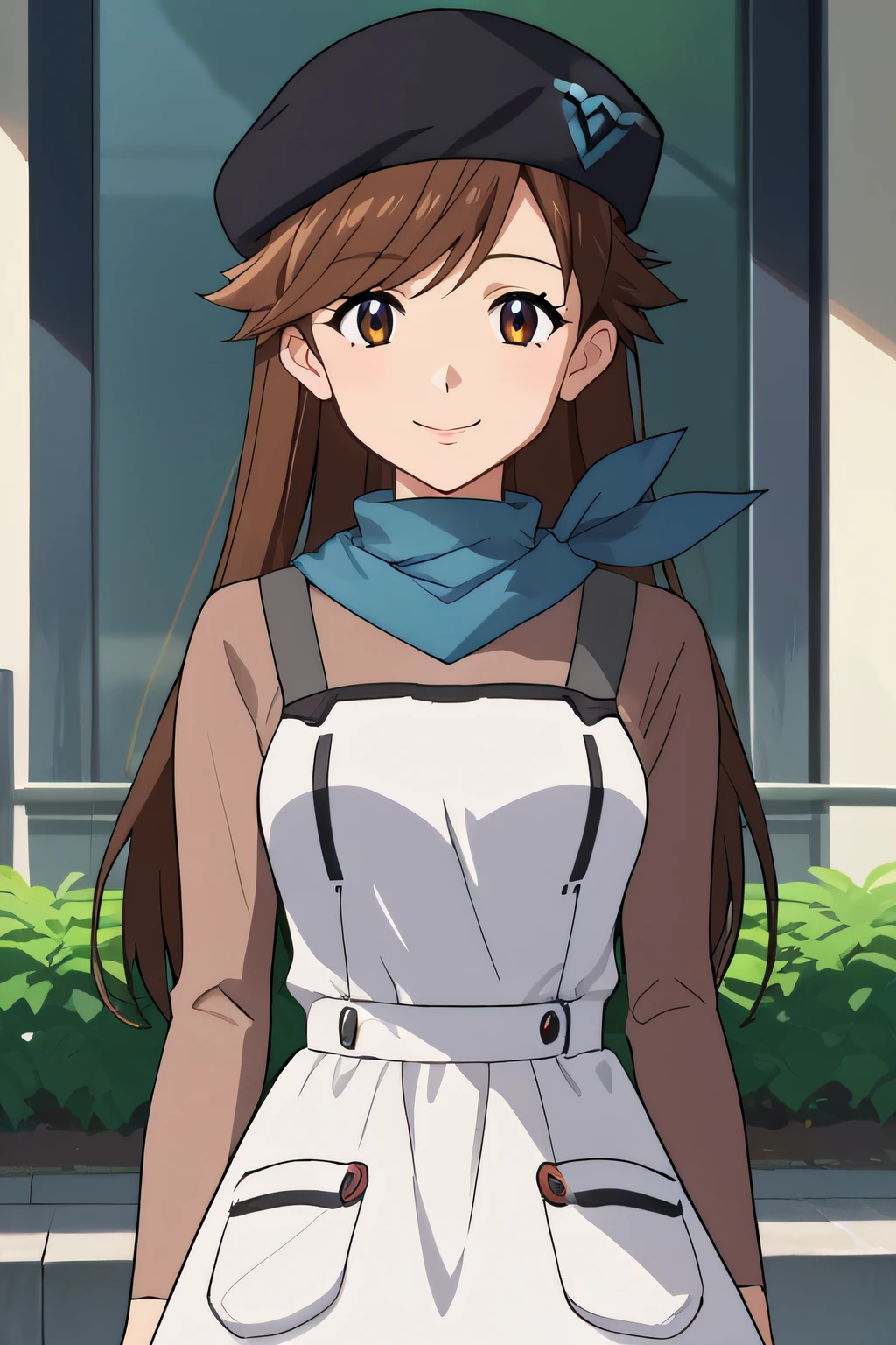 score_9, score_8_up, score_7_up, source_anime, rating_safe, intricate details, anime screencap, official style, 1girl, <lora:Suzuhara_Sakura:1>, sakura, brown hair, brown eyes, long hair, blue scarf, beret, black pants, brown shirt, white apron, cowboy shot, smile, standing, outdoor