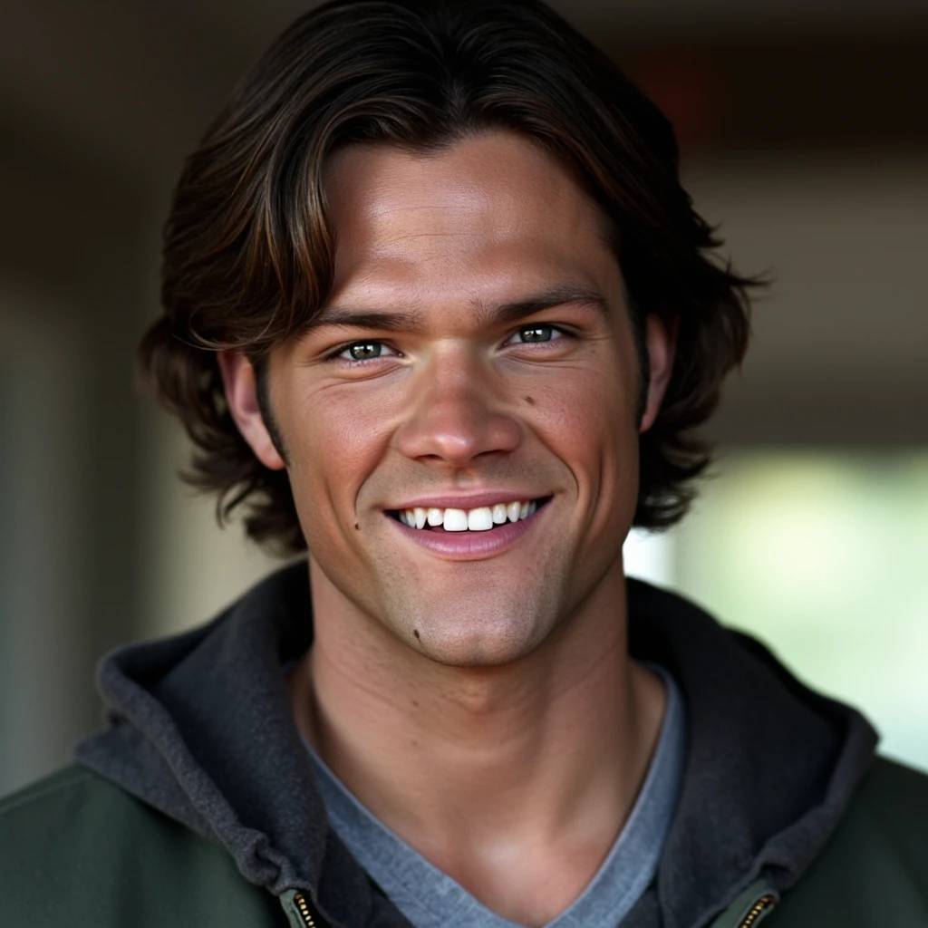 (padalecki, handsome male 20 yo, athletic) looking at viewer, smile, teeth, casual clothes, portrait, close up view