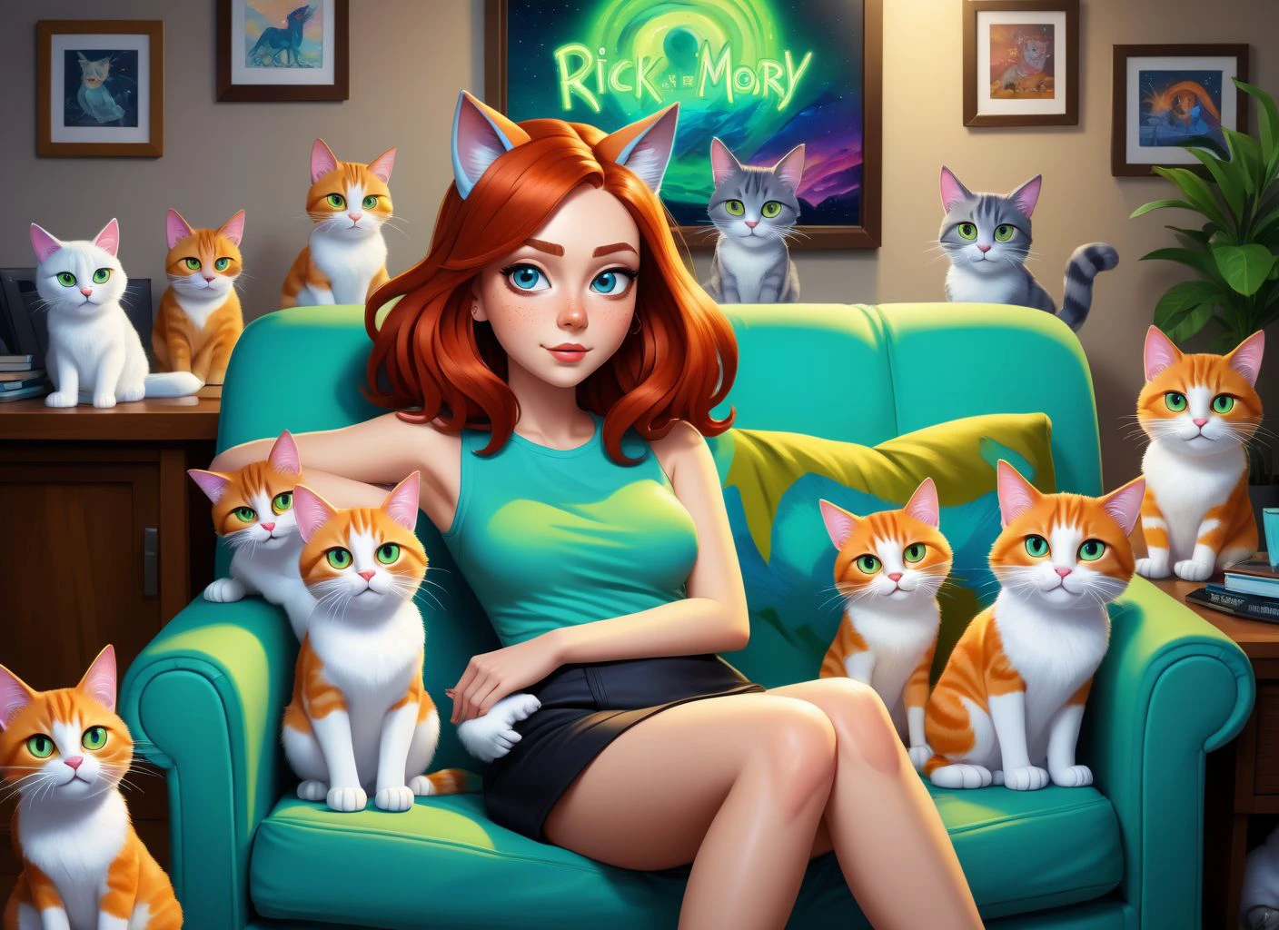 2D, illustration, Rick and Morty cartoon style
(1girl, red hair, solo, sitting on couch, multiple unique cats),(Rick & Morty poster)