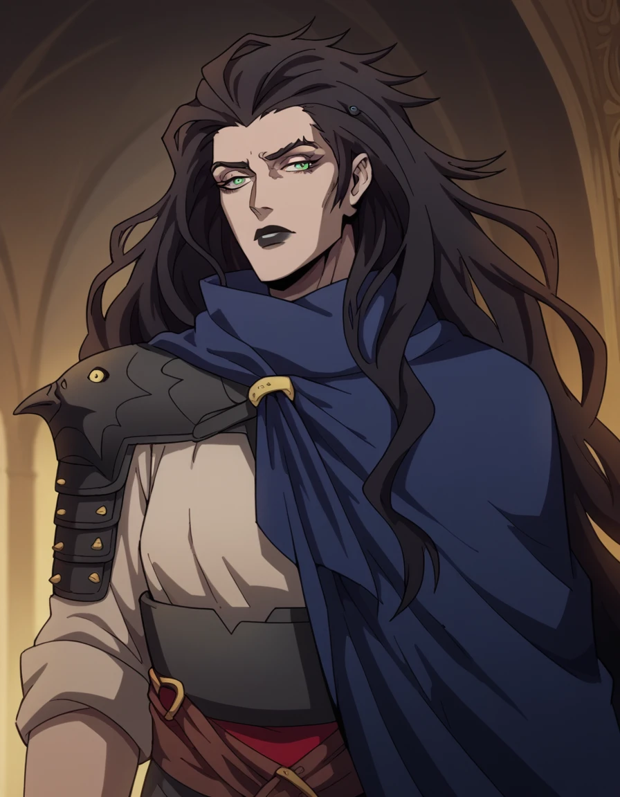 score_9, score_8_up, score_7_up, source_anime, <lora:castlevania-striga-ponyxl-lora-nochekaiser:1>, striga, long hair, black hair, green eyes, makeup, lipstick, blue cape, black lips,, jewelry, armor, shoulder armor, pauldrons,, bookstore, browsing shelves, new book smell, finding a favorite, quiet atmosphere, , looking at viewer, hand palm facing up, solo,, cowboy shot, dutch angle