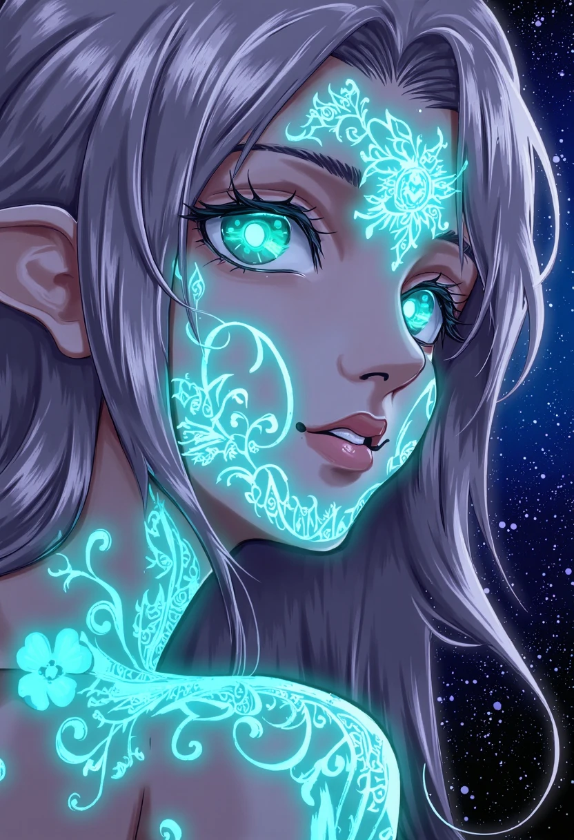 Create a close-up image of a fantasy elf’s face. Her skin glows with a soft, ethereal light and is adorned with neon tattoos that cover her face in intricate patterns. The tattoos emit a magical glow that illuminates her delicate features. Her eyes are large and bright, subtly changing between shades of blue and green, as if holding an ocean within them. Her long, silver hair frames her face, adding a touch of magic to the scene. The background features a starry sky that enhances the dreamy atmosphere , fantasy art, detail eyes, magic eyes, de01, fca_style, flowers, flowering style, Graphic design, flyer, poster,