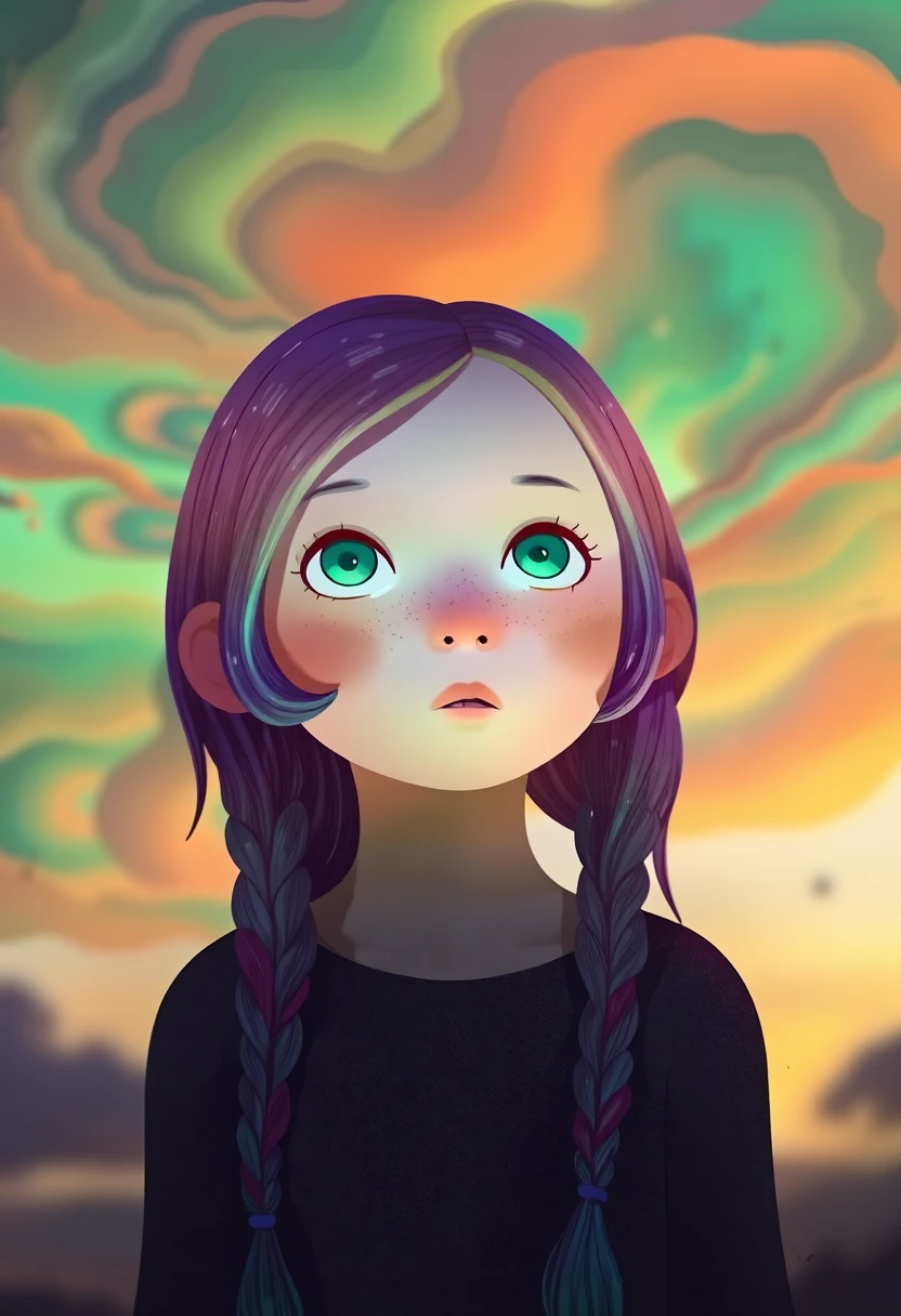 3d octane dreamy art of a small girl with long lavender hair in loose braids, a wide-eyed and awestruck expression, set against a backdrop of a vivid tangerine sky with swirling pastel green and cobalt blue clouds, emphasizing her jade green eyes and glowing pale peach skin, ethereal and otherworldly mood, glowing twilight lighting, contrasting hints of dark maroon and lemon yellow, soft shadows in muted lavender and aquamarine